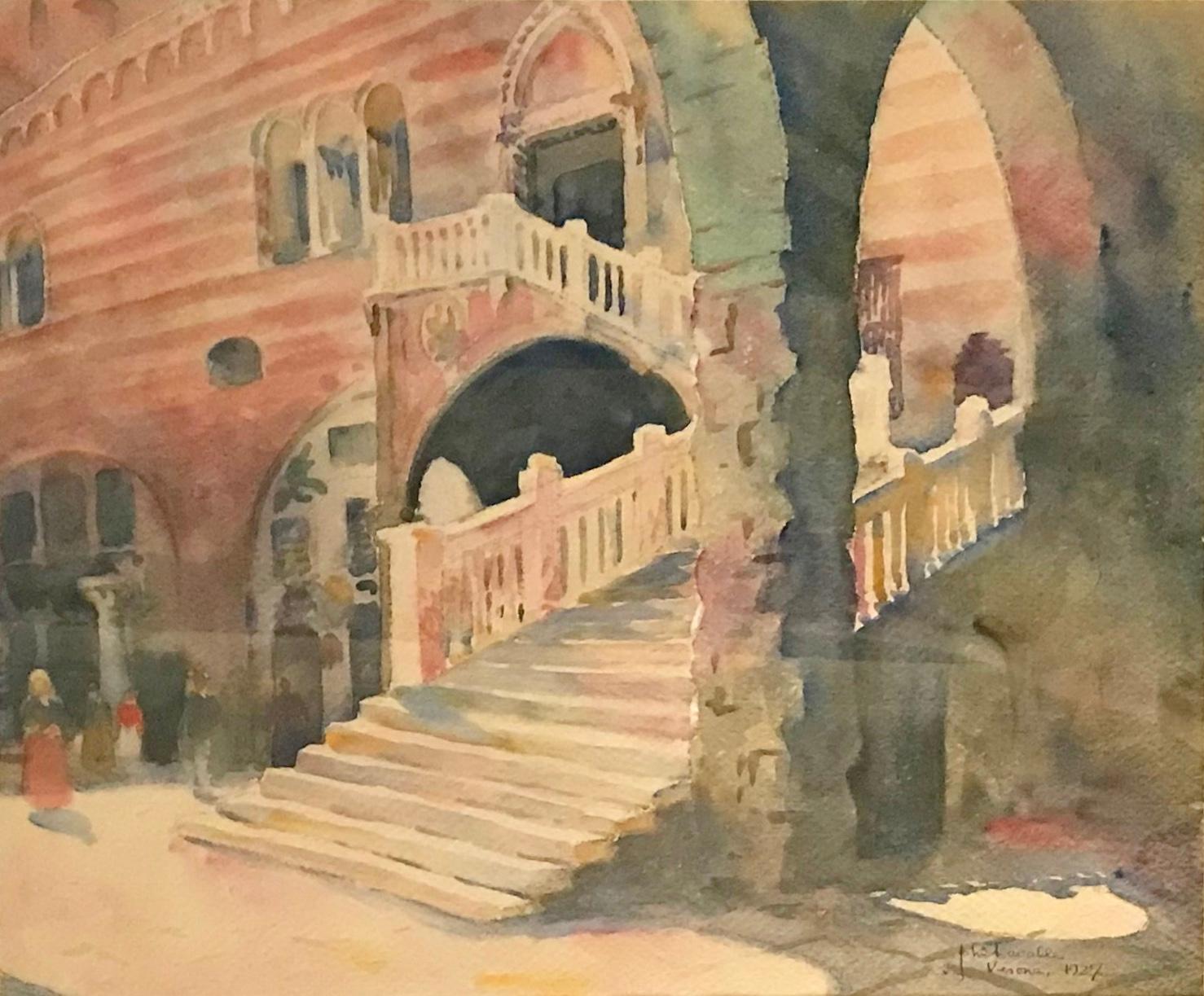 John Lavalle (1896-1971) Verona, 1927. Watercolour of noted staircase in Verona, the “Scala della Ragione” by listed American artist John Lavalle in Italian-style gilt carved wood & plaster frame with banded oak leaves & acorns. Signed lower right