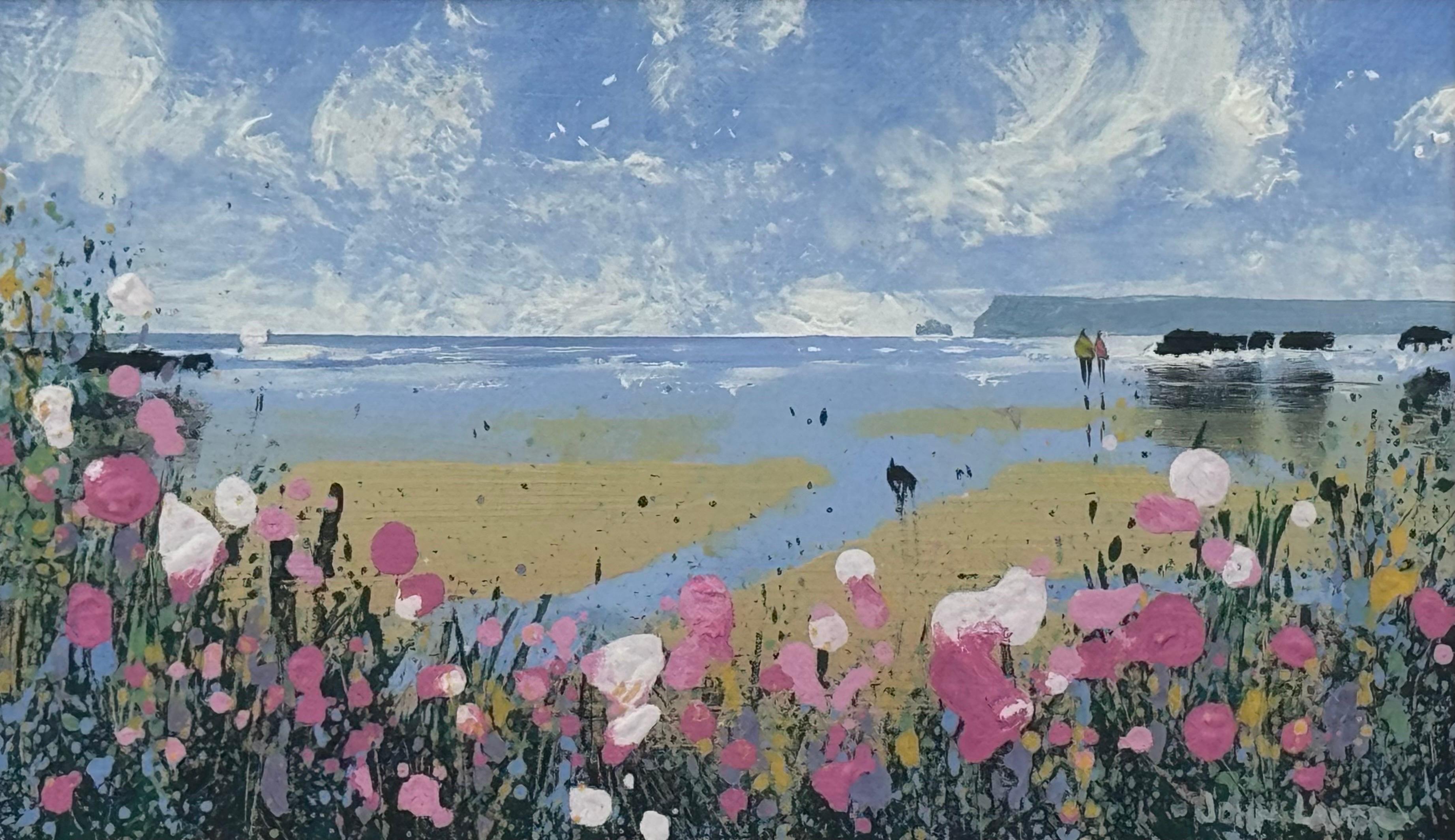 Coastal Landscape with Figures on Beach & Pink Wild Flowers English Countryside For Sale 7