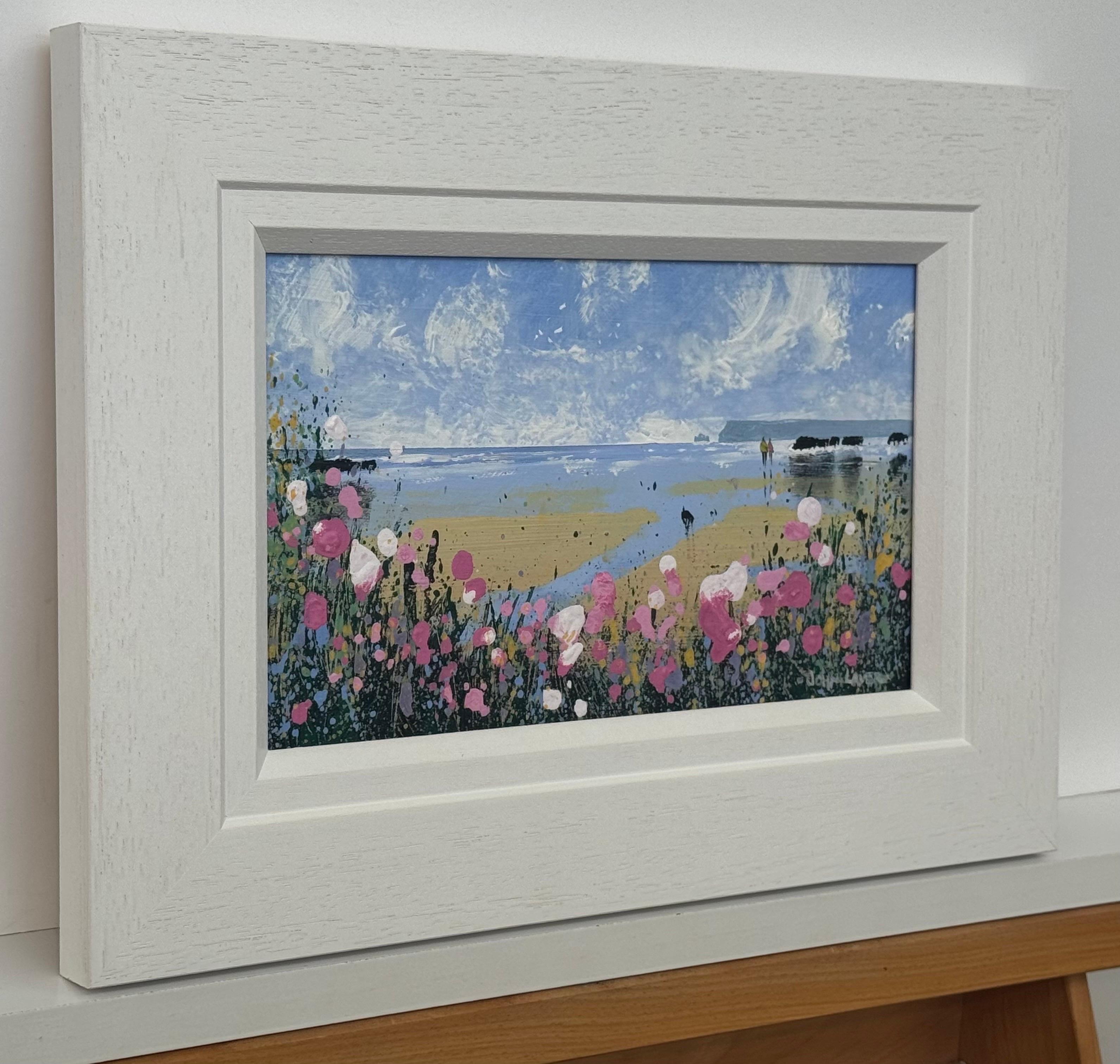 Coastal Landscape with Figures on Beach & Pink Wild Flowers English Countryside - Painting by John Laver