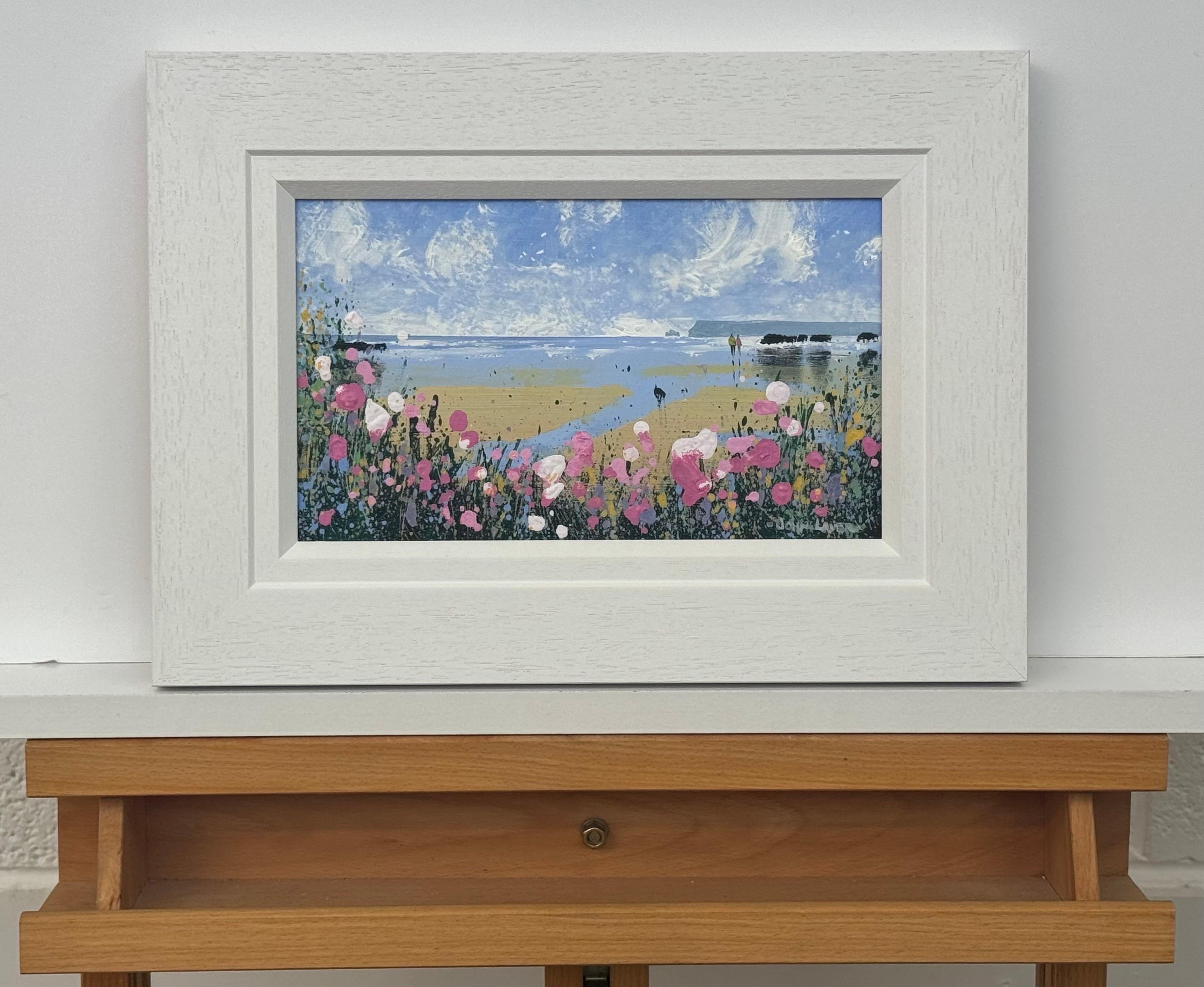 Coastal Landscape with Figures on Beach & Pink Wild Flowers English Countryside - Contemporary Painting by John Laver