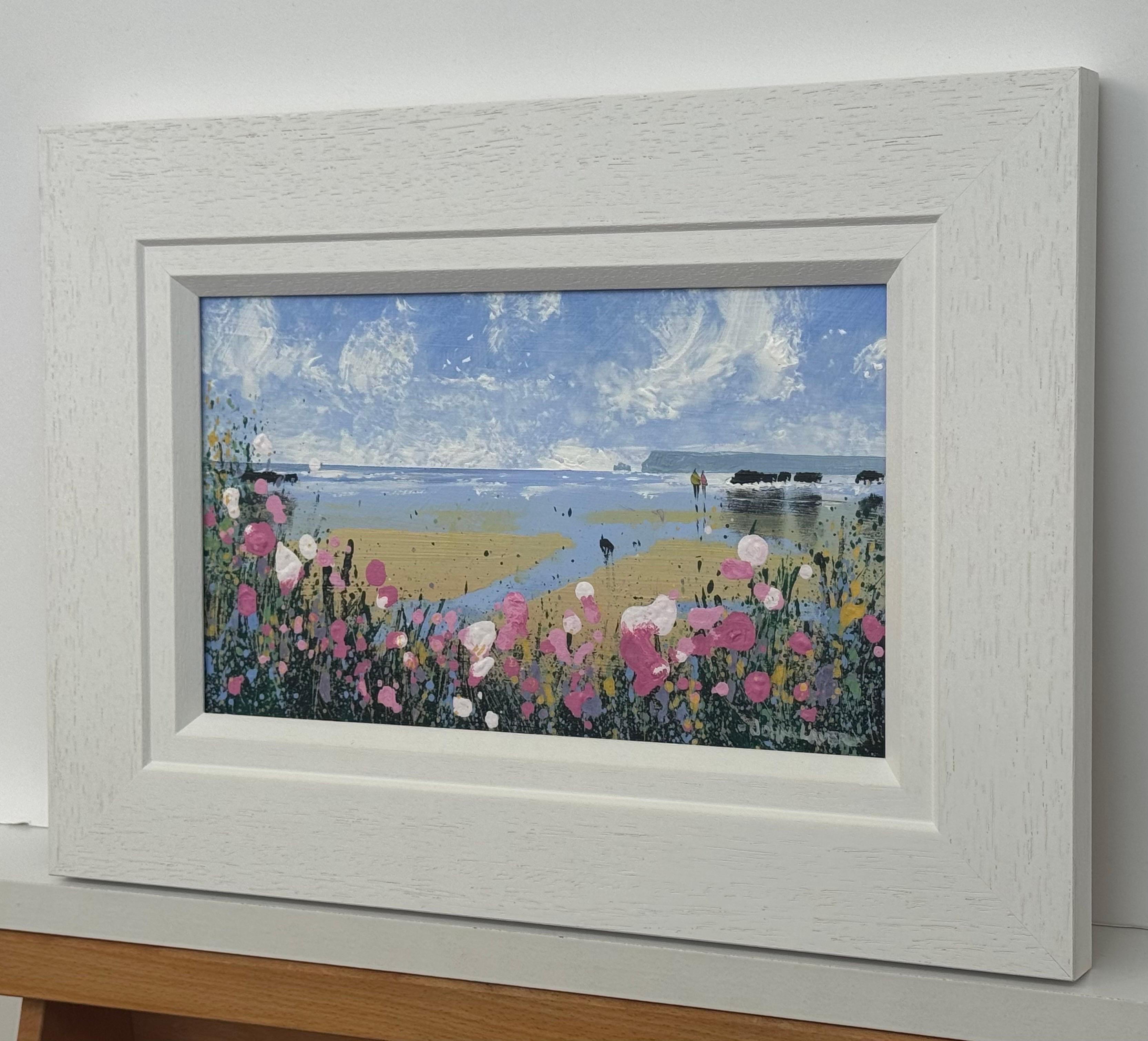Coastal Landscape with Figures on Beach & Pink Wild Flowers English Countryside - Gray Landscape Painting by John Laver