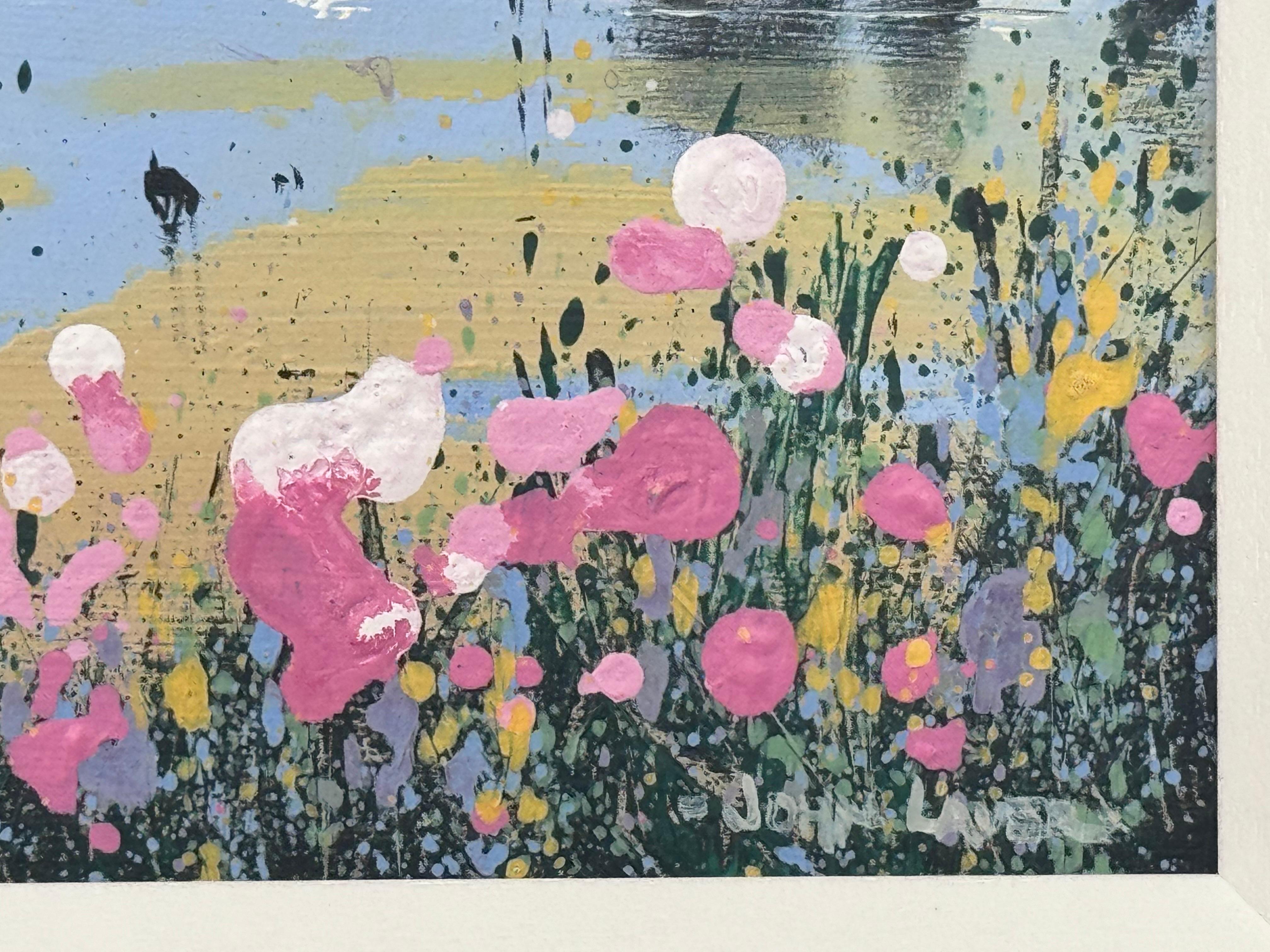 Coastal Landscape with Figures on the Beach with Pink Wild Flowers in the English Countryside, by British Artist. 

Art measures 10 x 6 inches 
Frame measures 14 x 10 inches 

