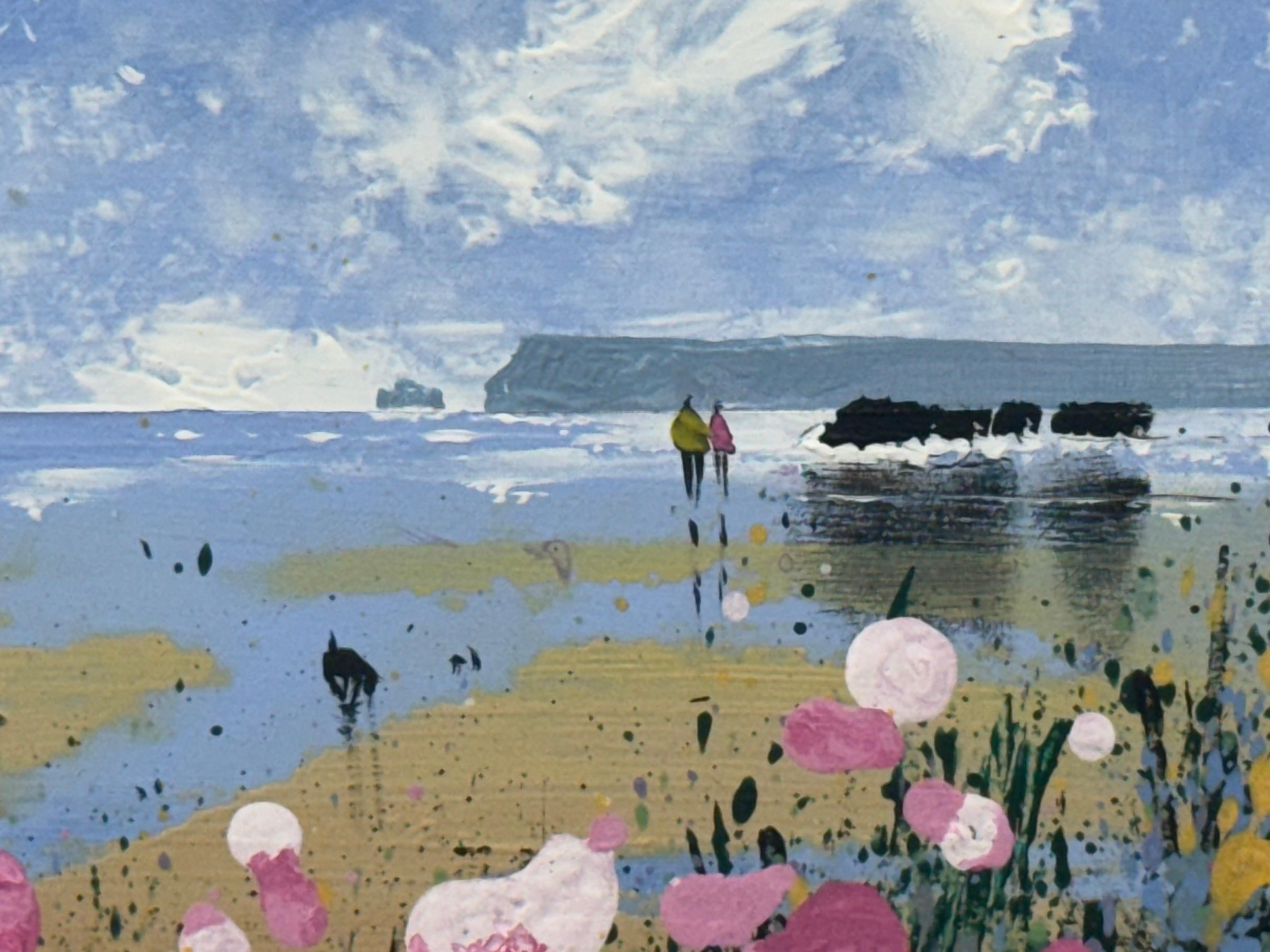 Coastal Landscape with Figures on Beach & Pink Wild Flowers English Countryside For Sale 1