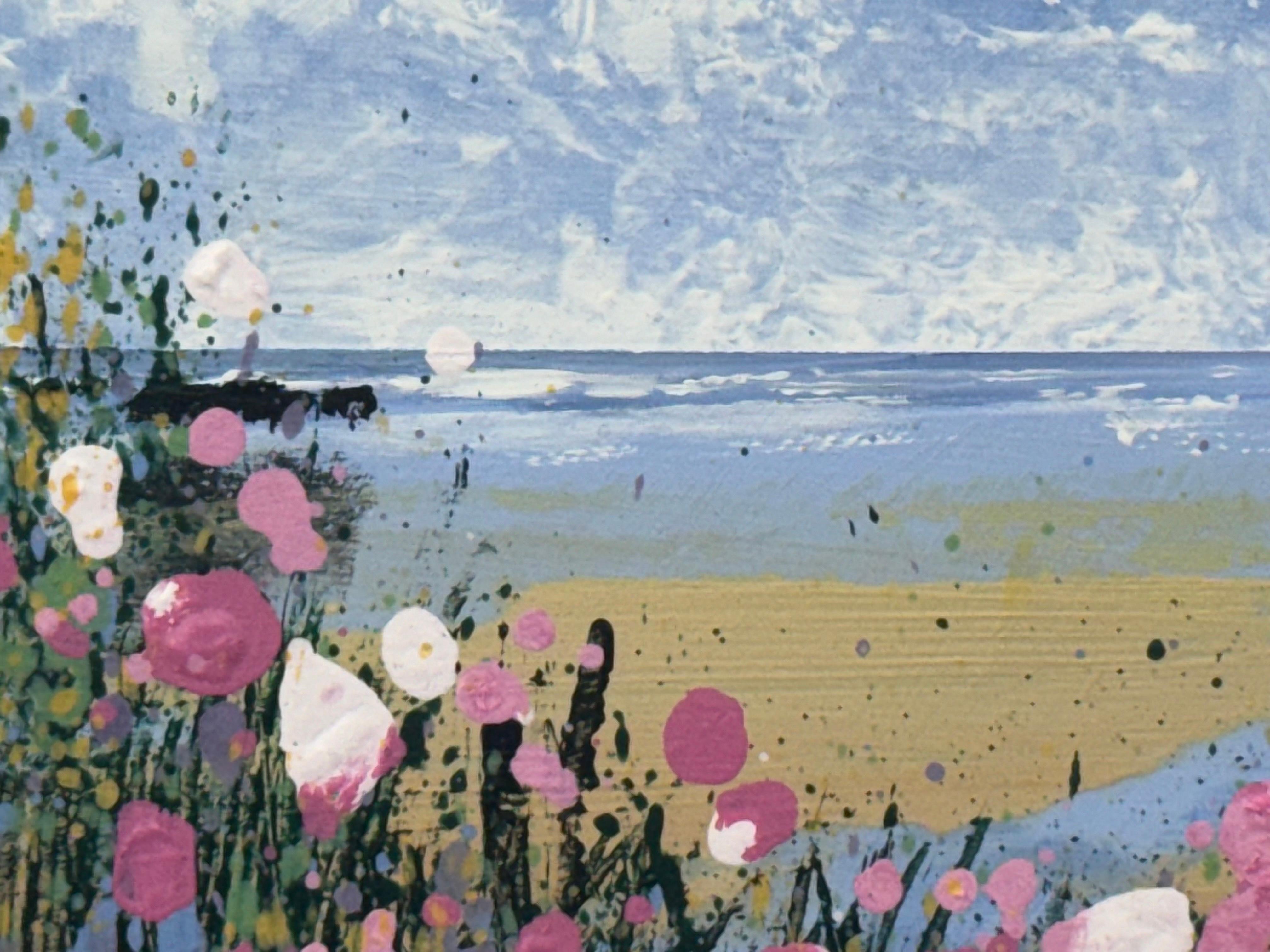 Coastal Landscape with Figures on Beach & Pink Wild Flowers English Countryside For Sale 2
