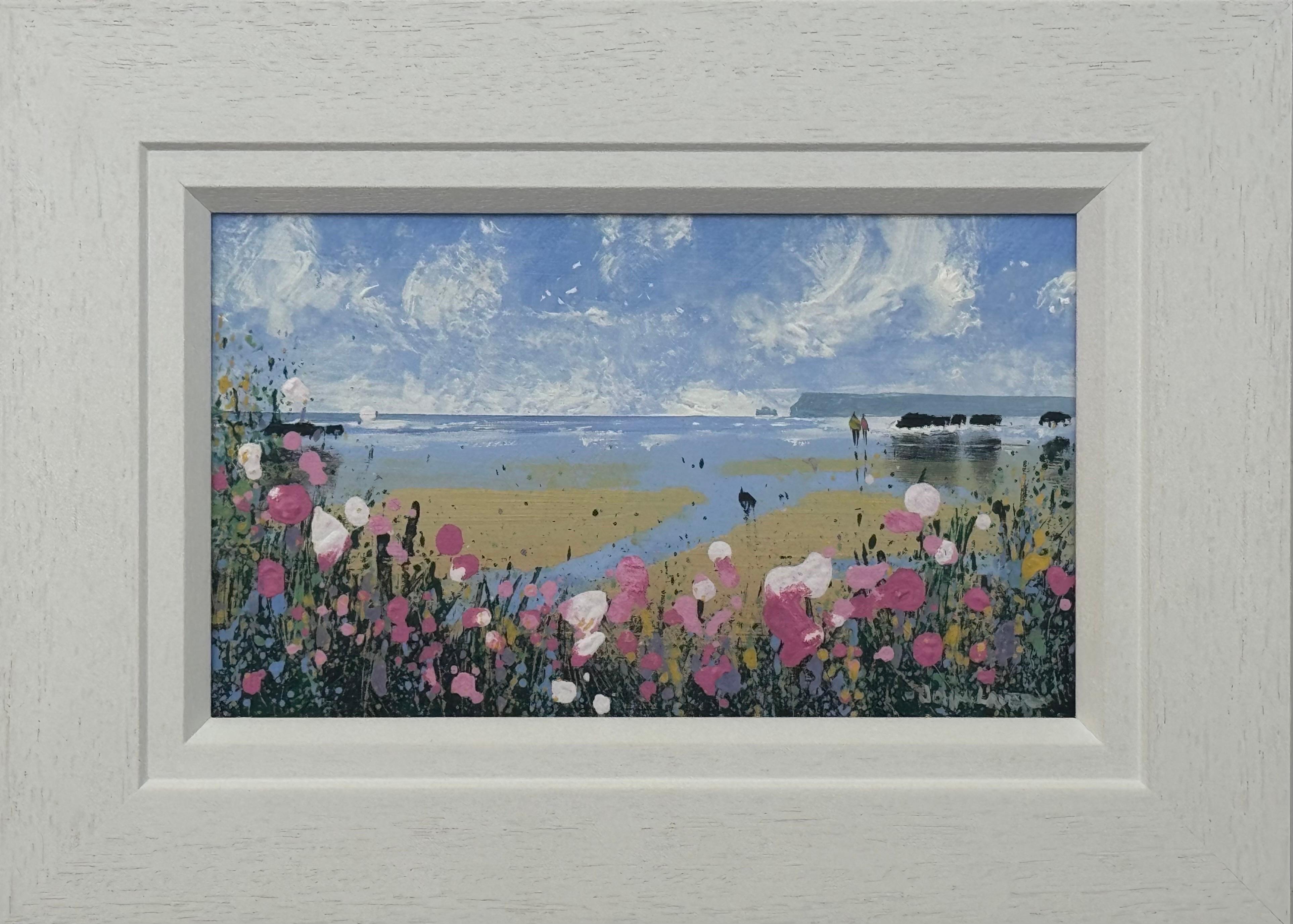 John Laver Landscape Painting - Coastal Landscape with Figures on Beach & Pink Wild Flowers English Countryside