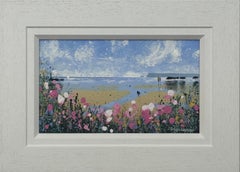 Coastal Landscape with Figures on Beach & Pink Wild Flowers English Countryside