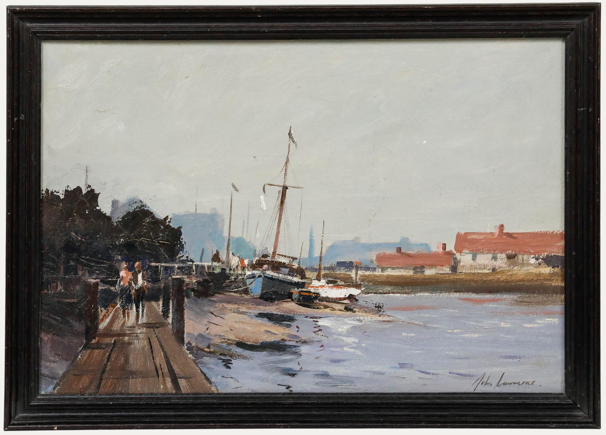 An atmospheric harbour scene by John Lawrence depicting moored sailing vessels resting in calm waters alongside a wooden jetty, where figures stroll in dappled sunlight. The artist employs an impressionistic technique with loose brushwork and a