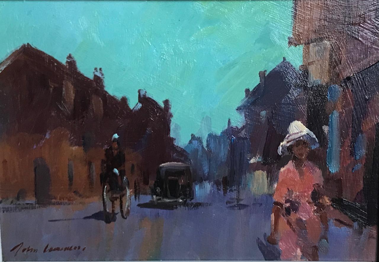 John Lawrence Figurative Painting - "View of a London street". Post-Impressionist classical urban scene.