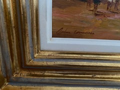 "Weekend al mare". Scena classica post-impressionista sulla spiaggia. Olio su pannello