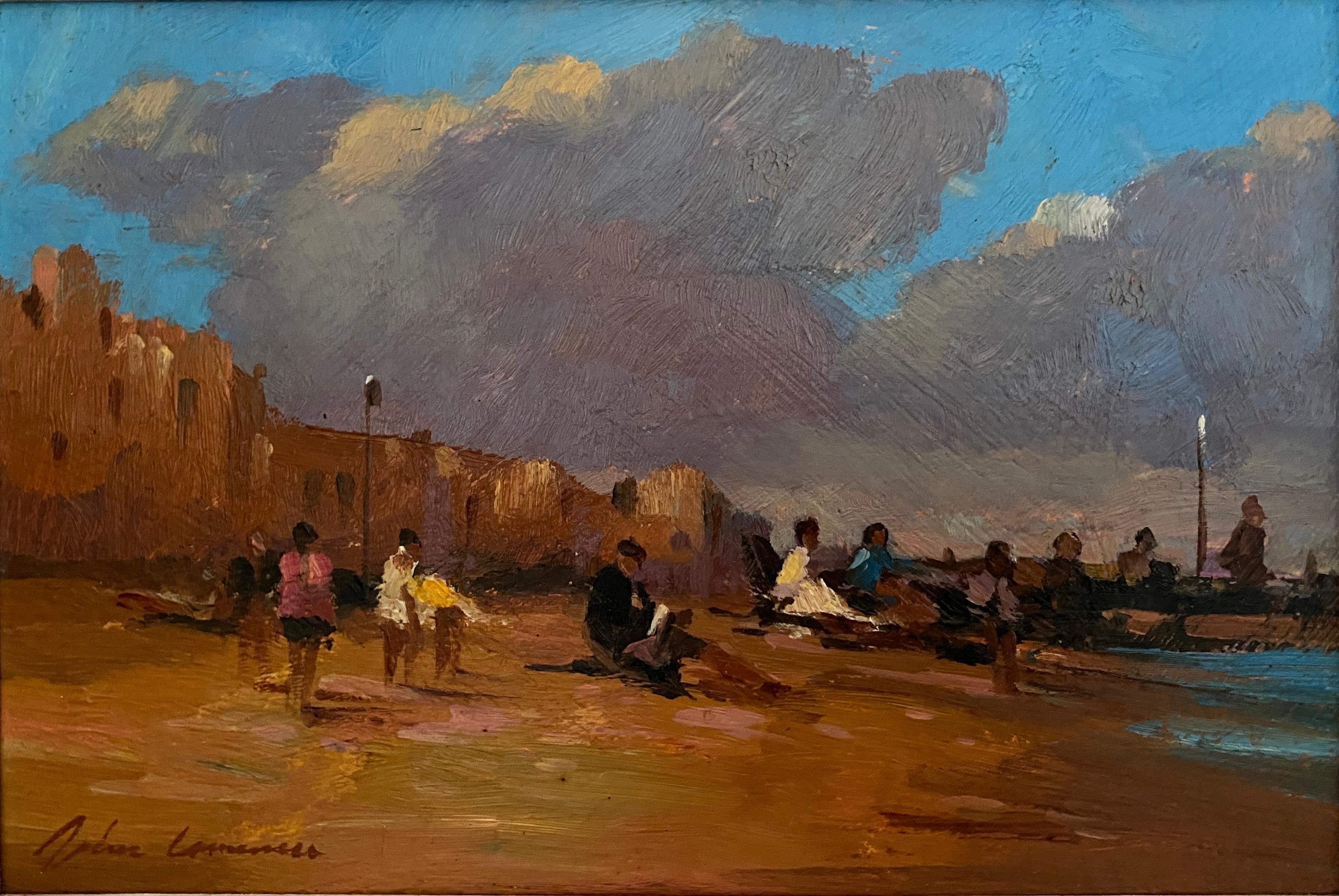"Weekend at the seaside". Post-Impressionist classic beach scene. Oil on panel
