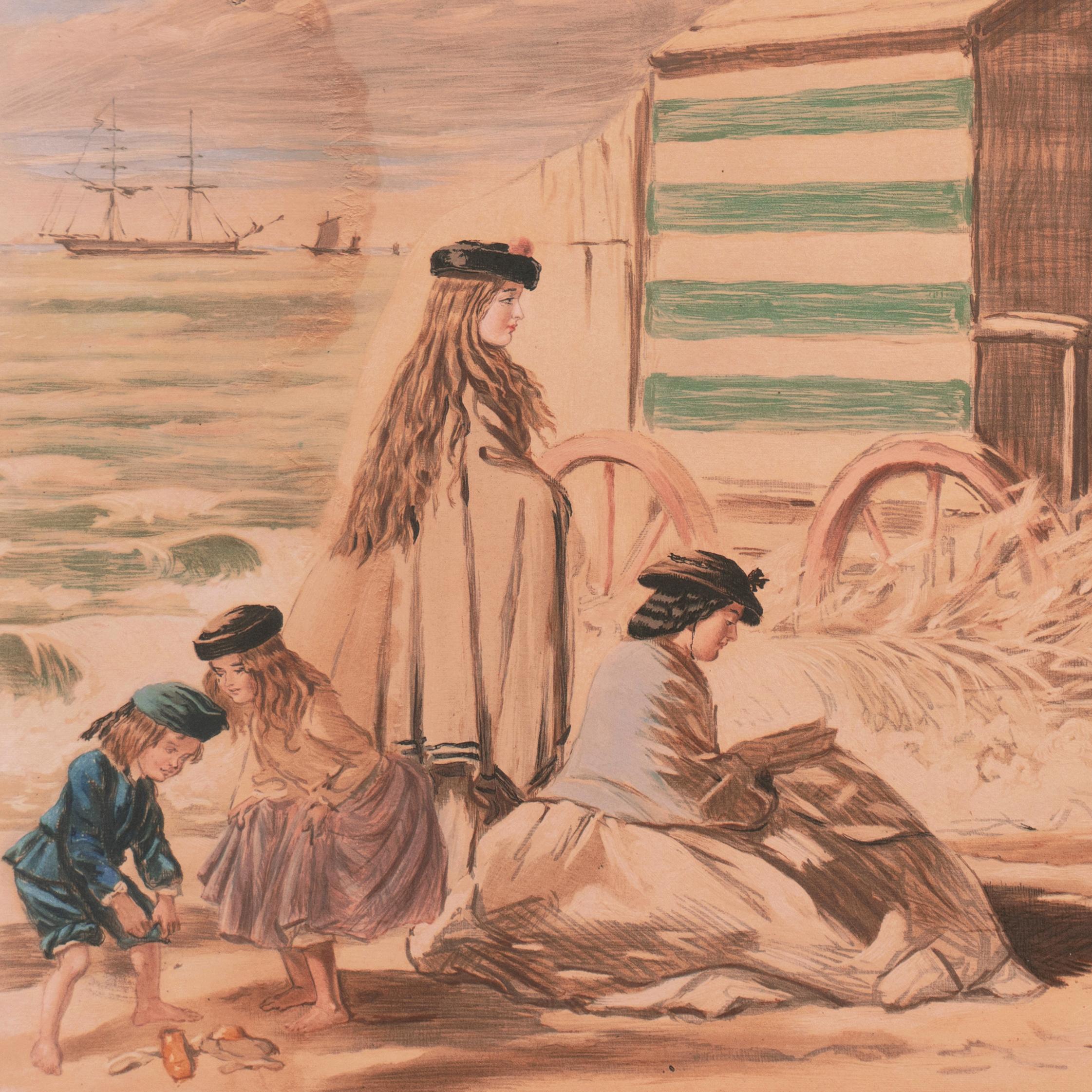 Signed lower left, outside of design, 'John Leech' (British, 1817-1864) and created circa 1865. Titled verso, 'Scenes at Sandbath', and inscribed, 'The female Blondin out done! Grand morning performance on the narrow plank by the darling