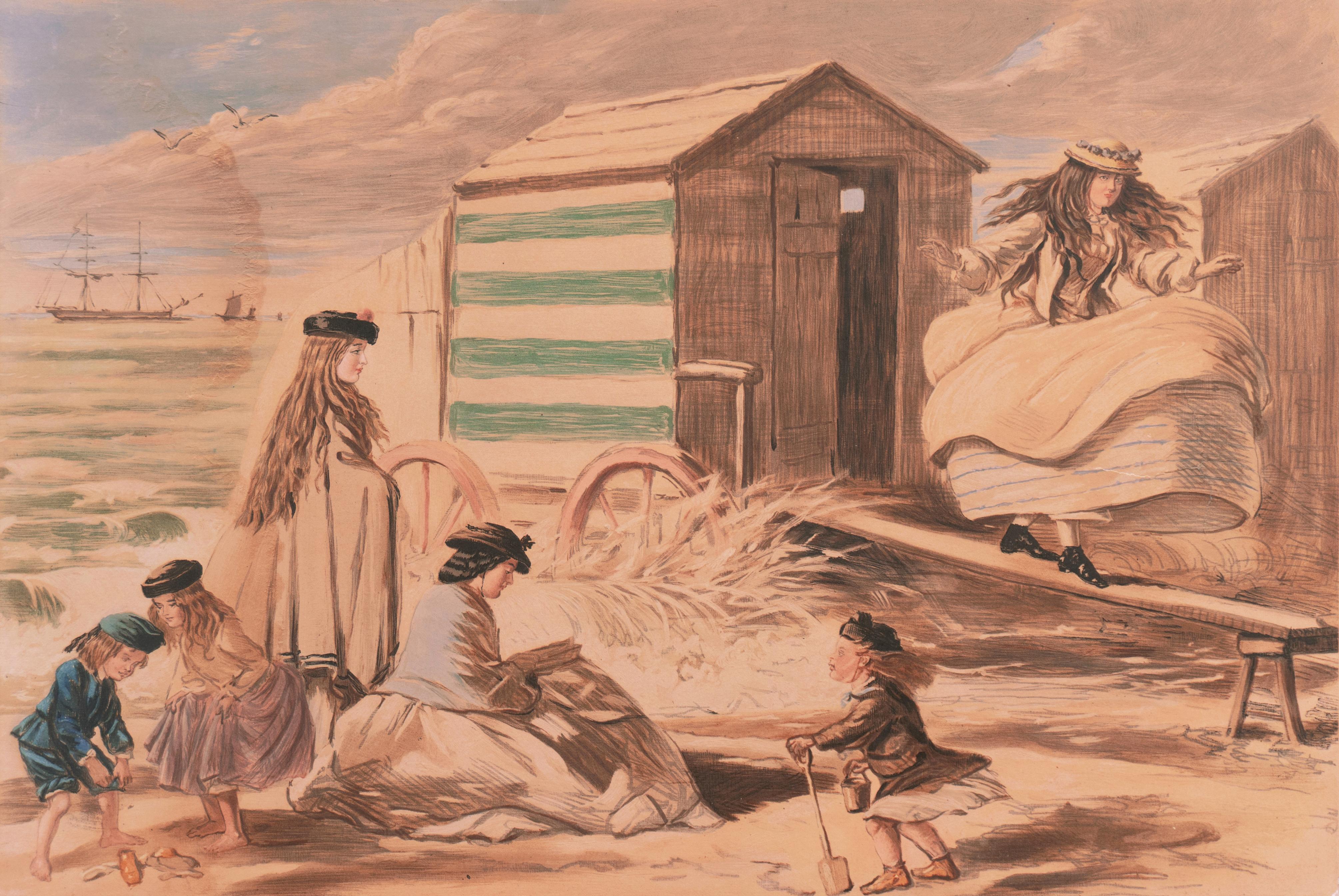John Leech Figurative Print - 'At the Beach, Scene at Sandbath', Punch Magazine, Thomas Agnew, Victoriana