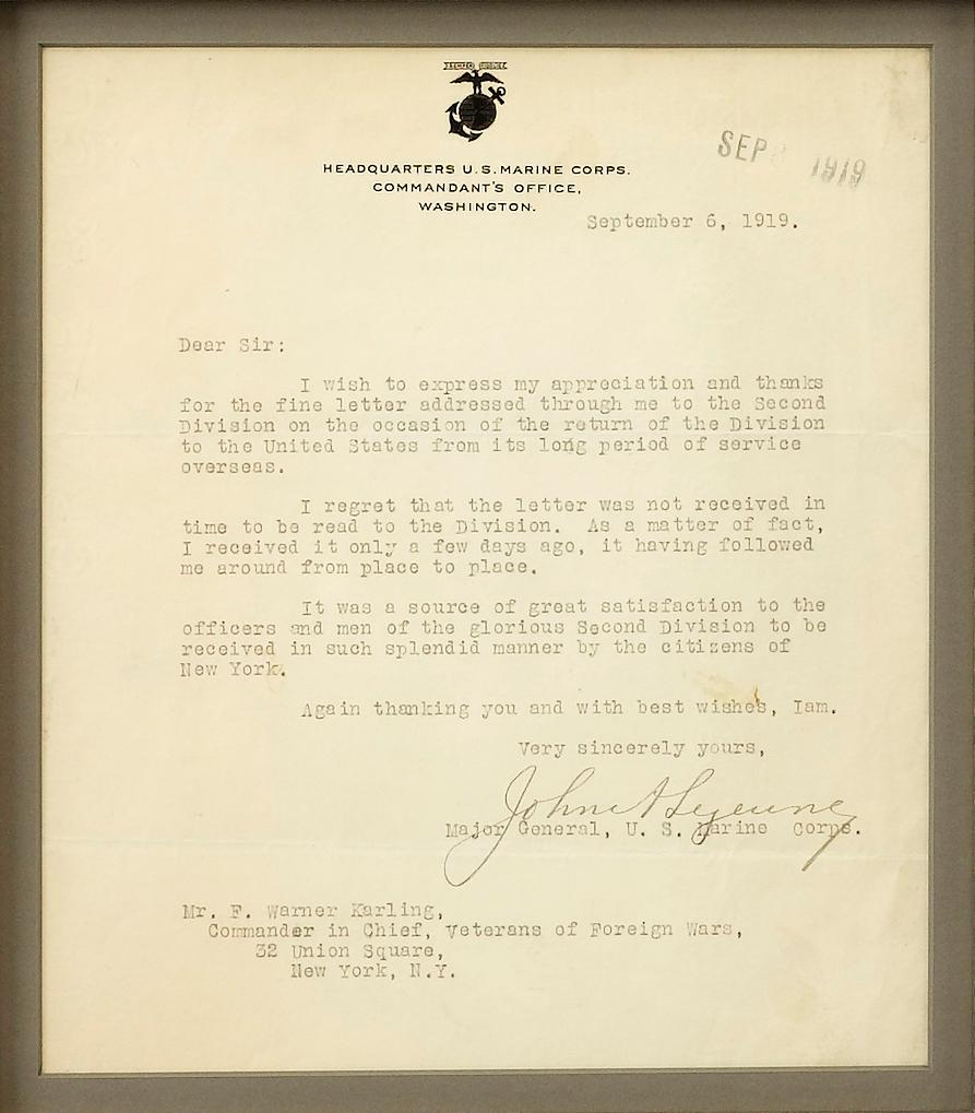 Typed letter signed to Commander in Chief of the Veterans of Foreign Wars by famous Marine and 13th commandant of the U.S. Marine Corps -- Major General John LeJeune. The letter is on Marine commandant letterhead and is dated 9-6-1919. The letter