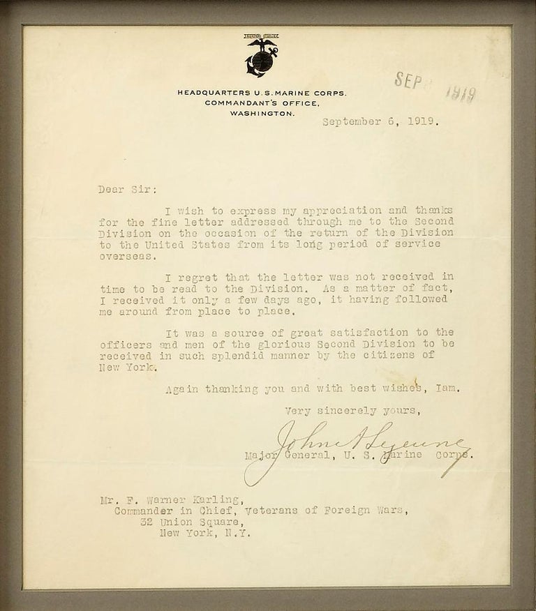 John Lejeune Typed Letter Signed as Marine Corps Commandant, Dated 96