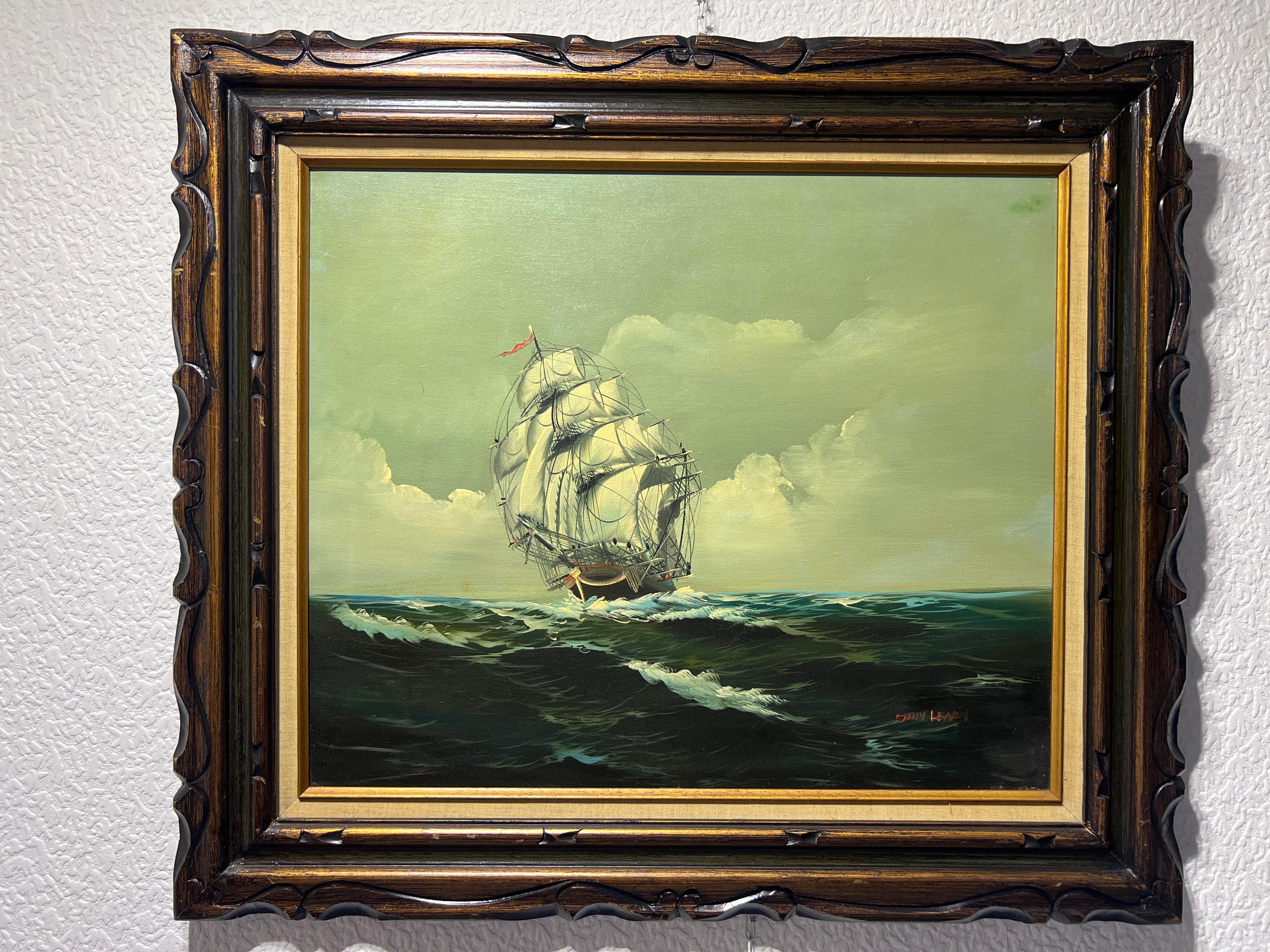 John Lemon dipinto ad olio originale su tela, paesaggio marino, nave a vela, incorniciato 1