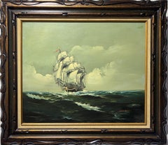 John Lemon dipinto ad olio originale su tela, paesaggio marino, nave a vela, incorniciato