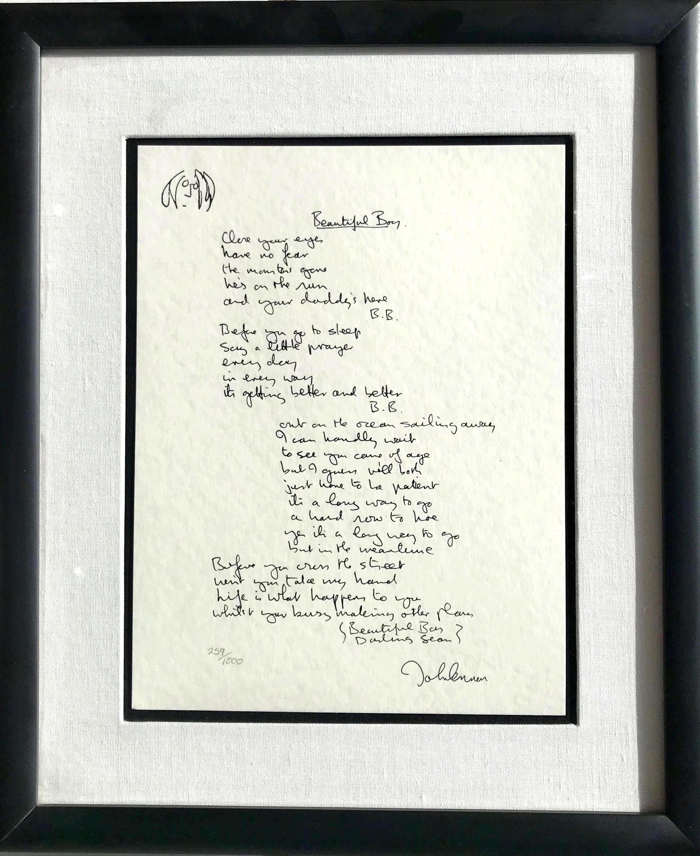 John Lennon Print - "Beautiful Boy" Framed Limited Edition Hand Written Lyrics