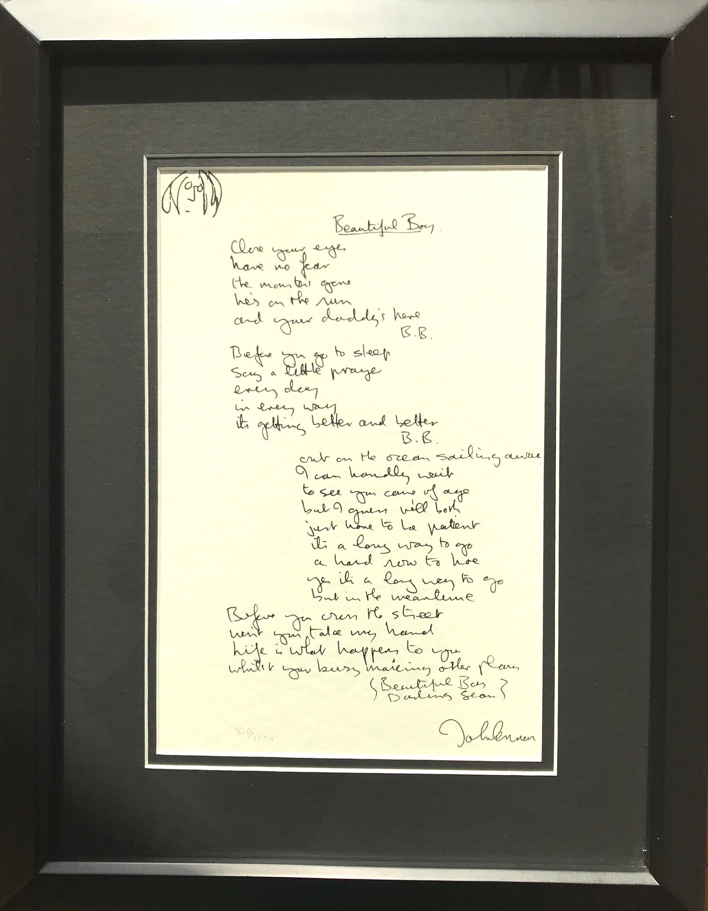 John Lennon Print - "Beautiful Boy" Framed Limited Edition Hand Written Lyrics