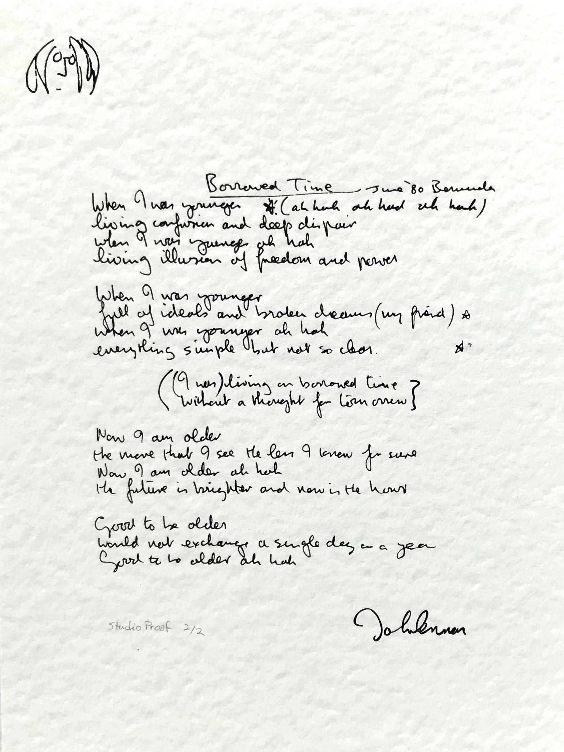 John Lennon Print - "Borrowed Time" Limited Edition Hand Written Lyrics