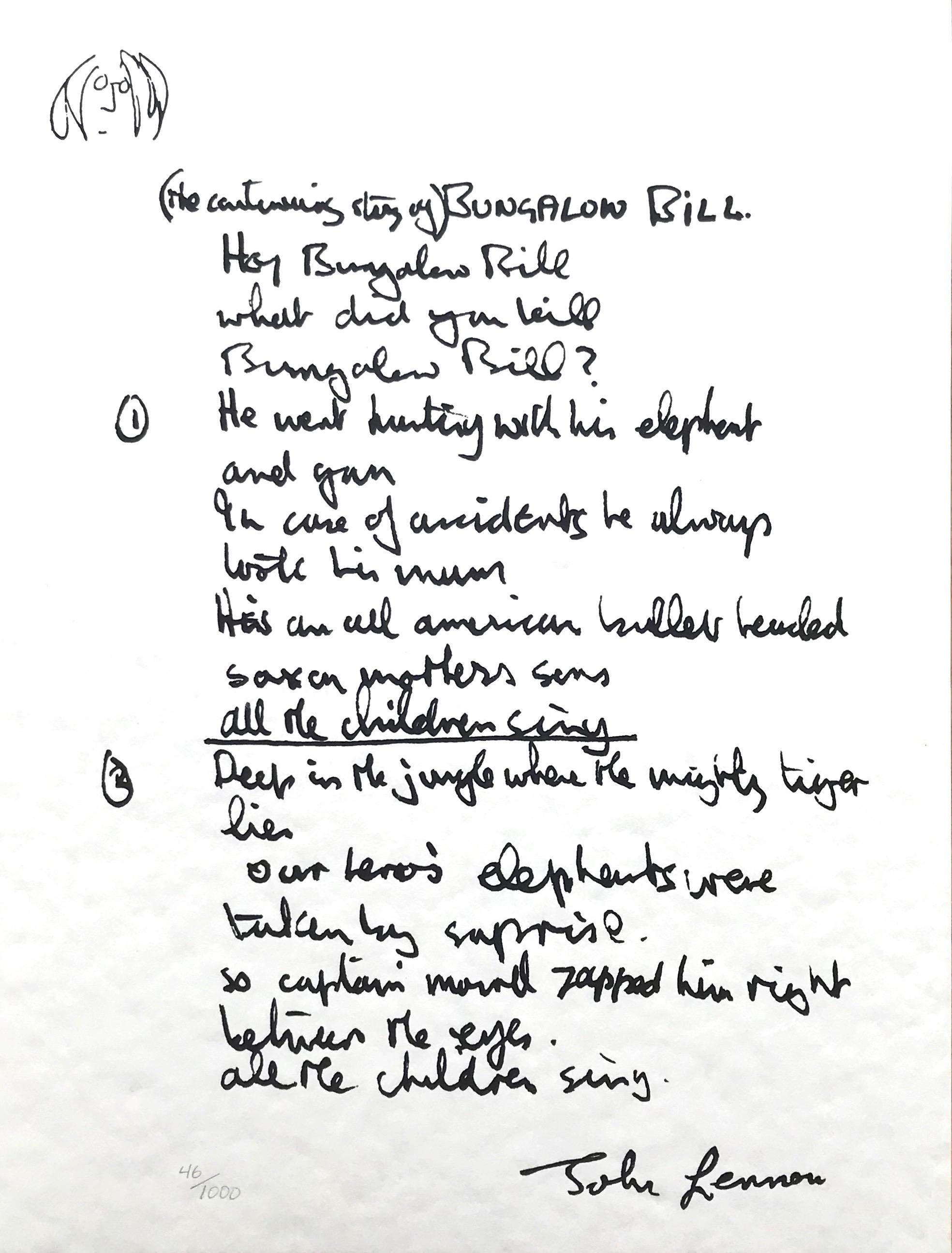 John Lennon Print - "Bungalow Bill" Limited Edition Hand Written Lyrics