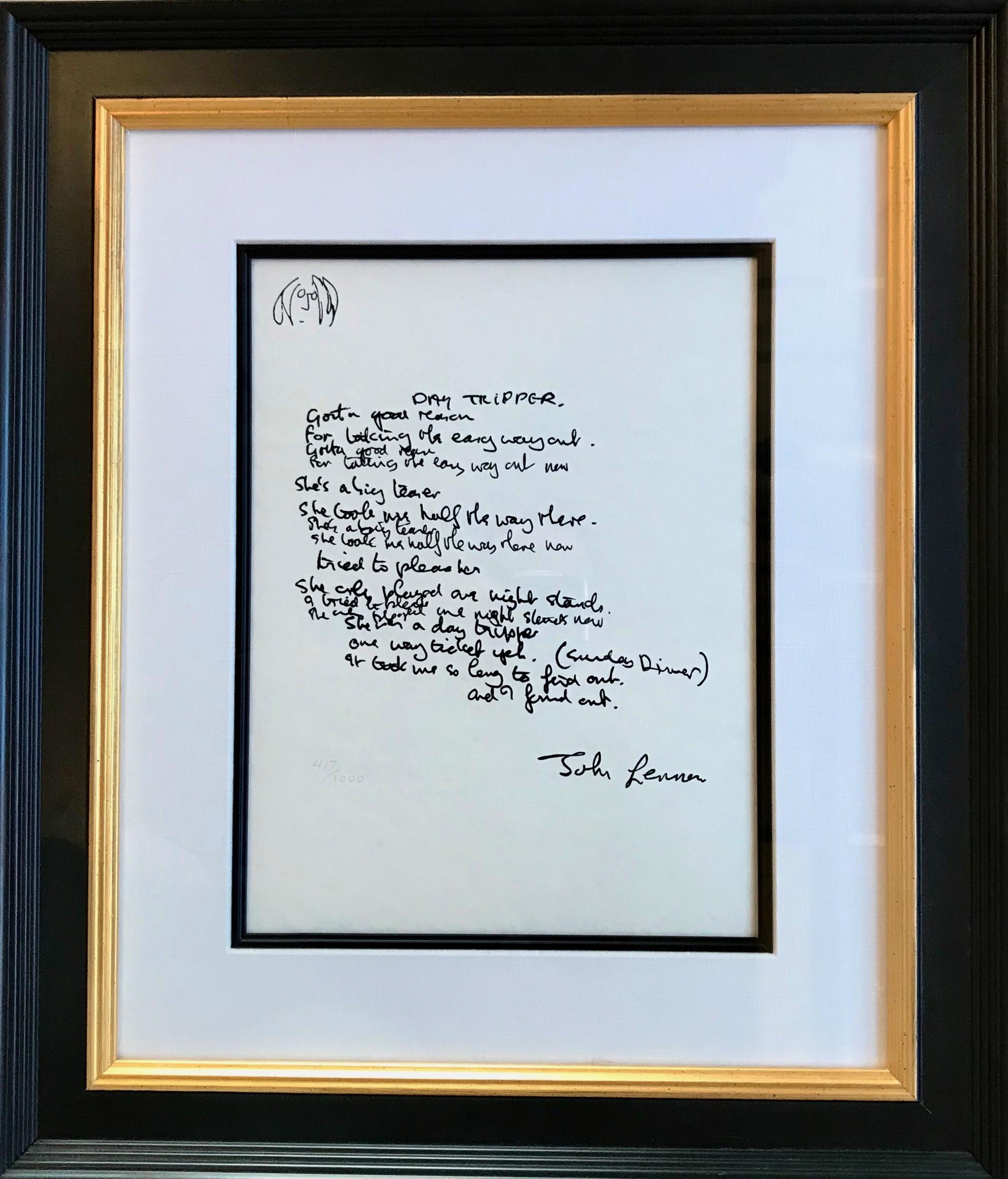 John Lennon Print - "Day Tripper" Limited Edition Hand Written Lyrics