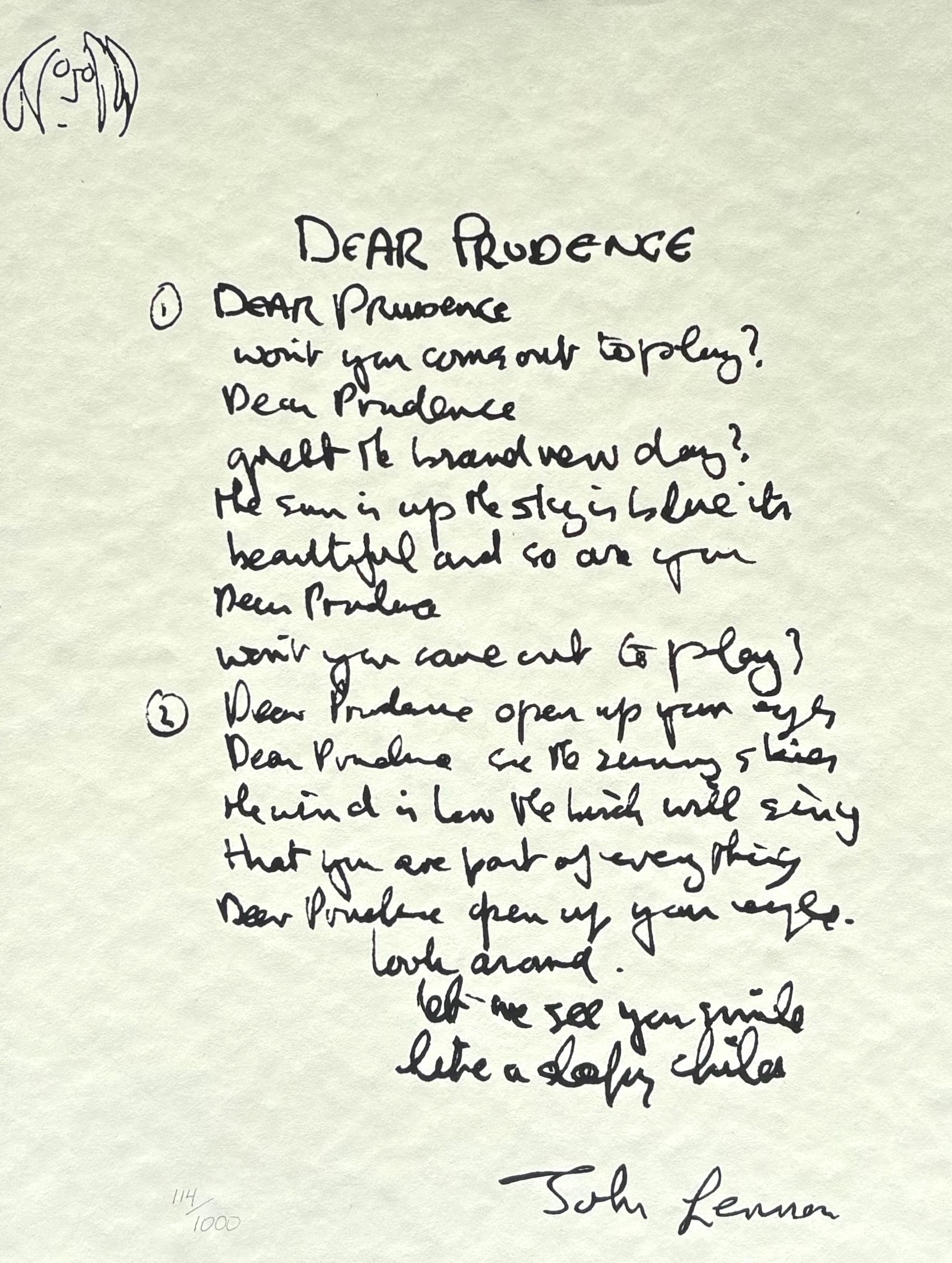 « Dear Prudence », chanson en édition limitée écrite à la main - Contemporain Print par John Lennon