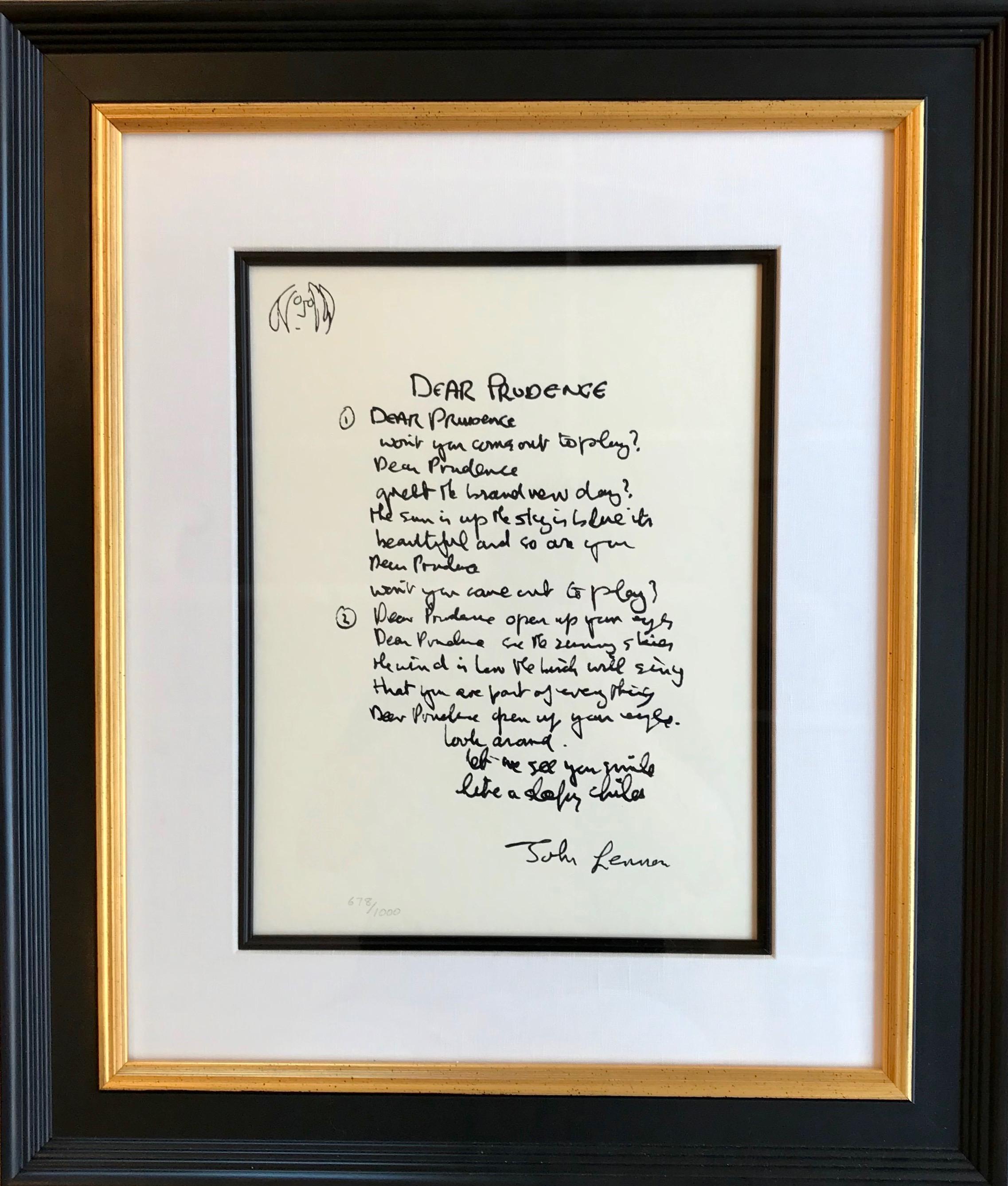 John Lennon Print - "Dear Prudence" Limited Edition Hand Written Lyrics