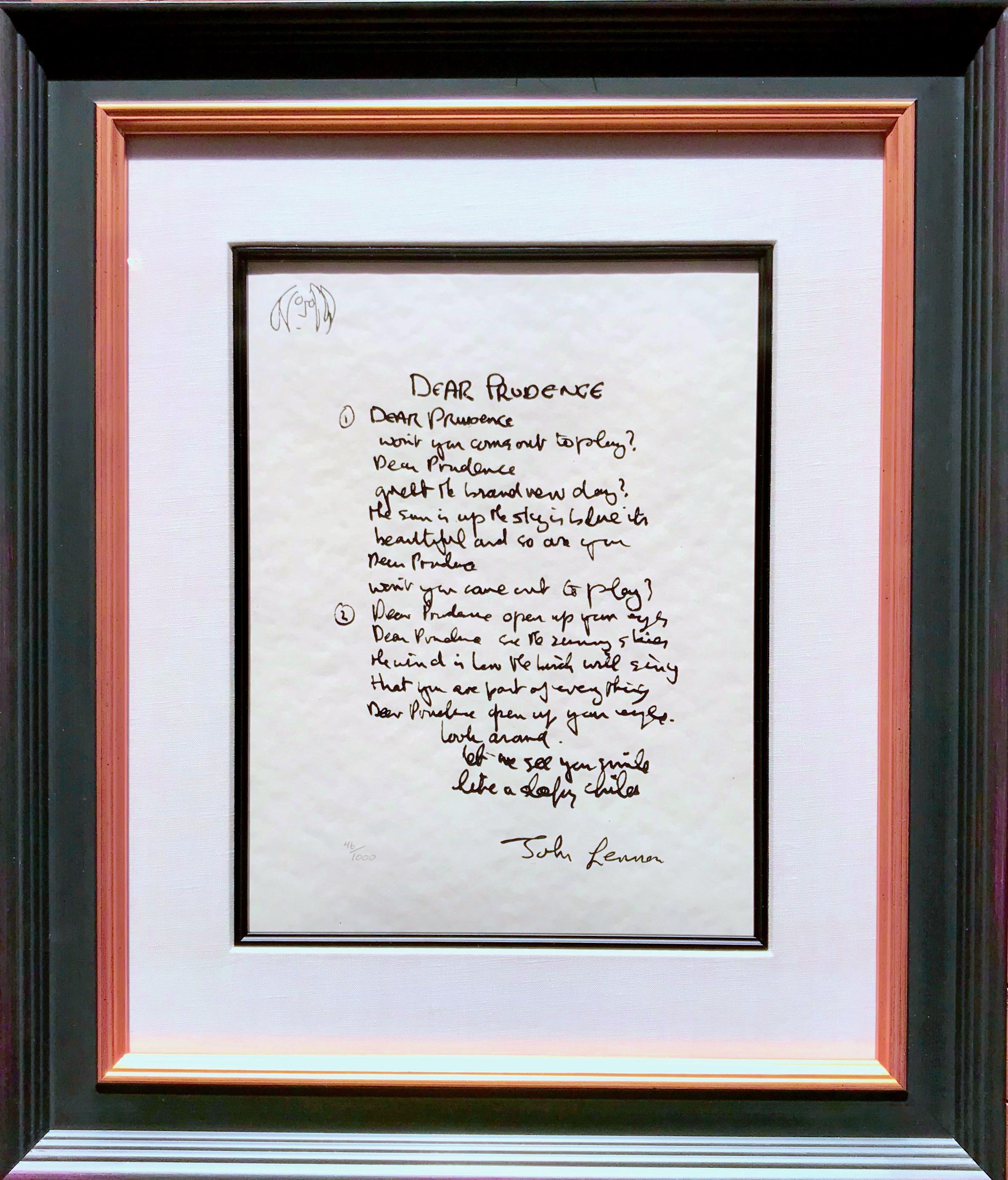 John Lennon Print - "Dear Prudence" Limited Edition Hand Written Lyrics