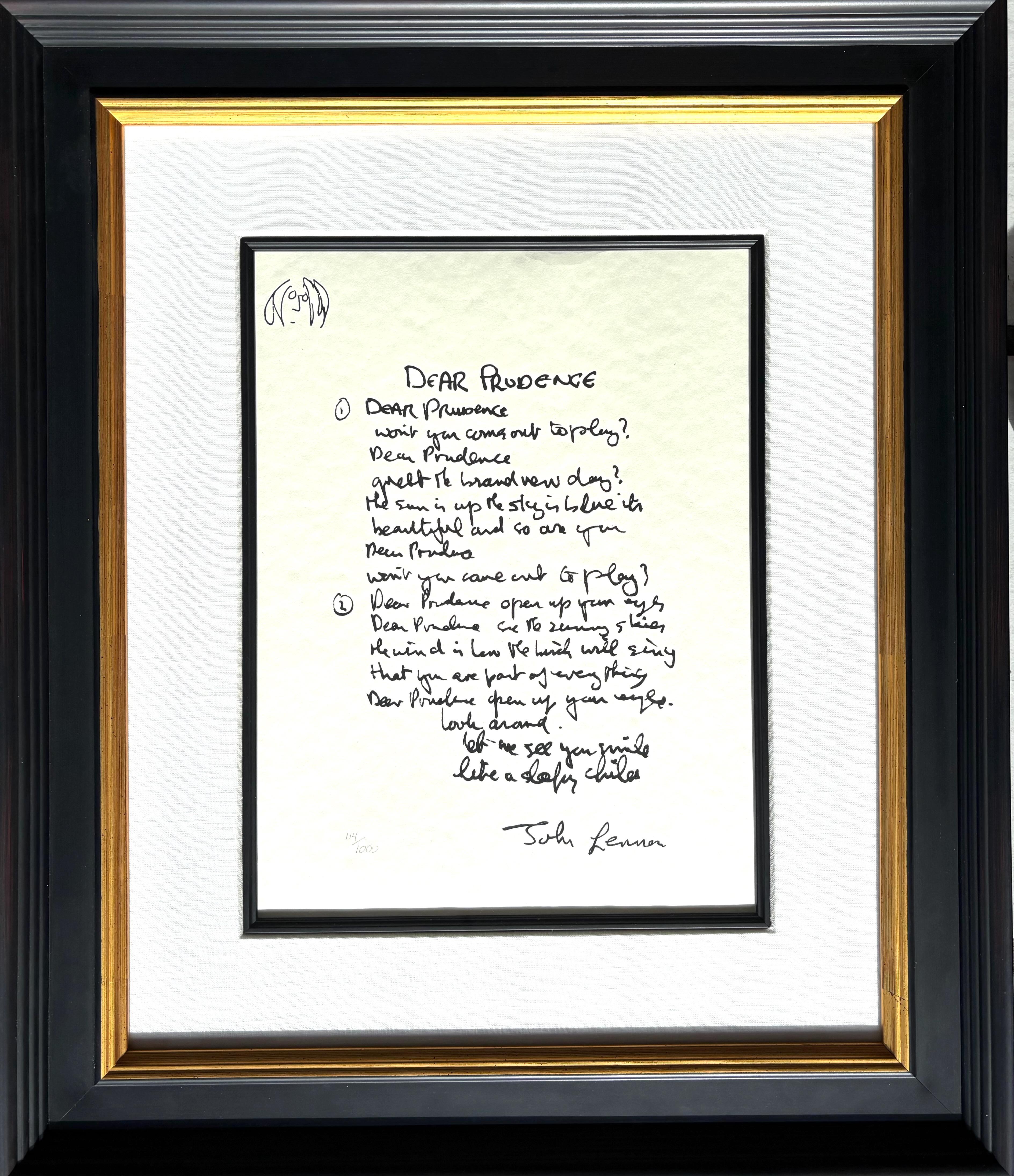 Print John Lennon - « Dear Prudence », chanson en édition limitée écrite à la main