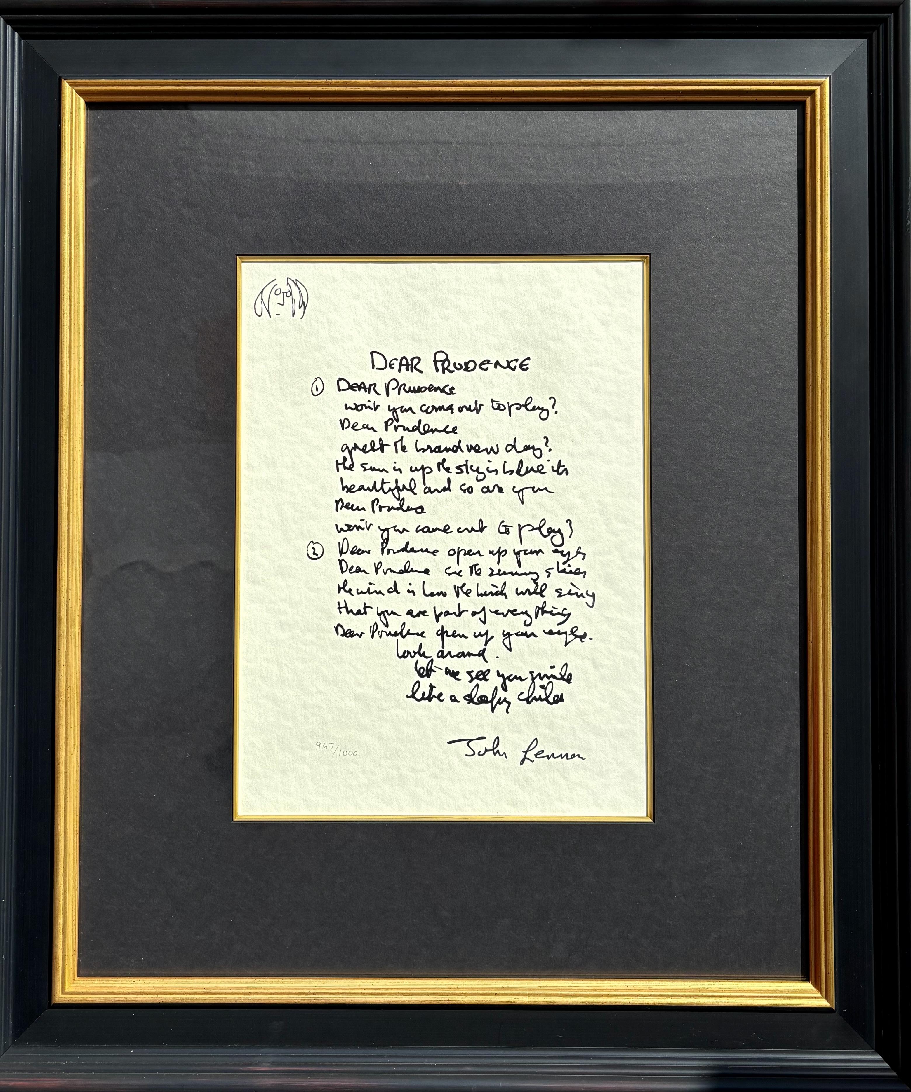 John Lennon Print - "Dear Prudence" Limited Edition Hand Written Lyrics