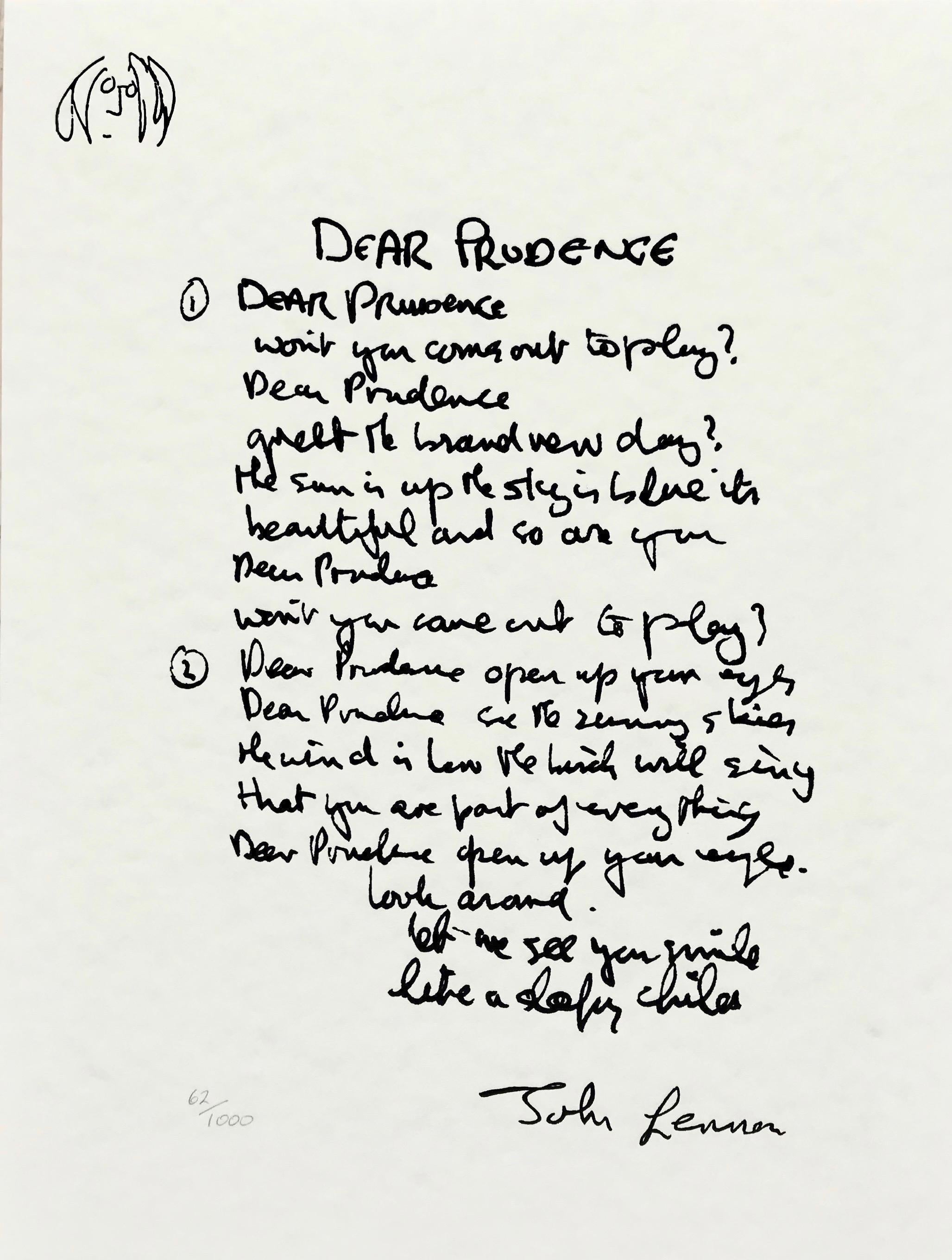 John Lennon - Dear Prudence Limited Edition Hand Written Lyrics