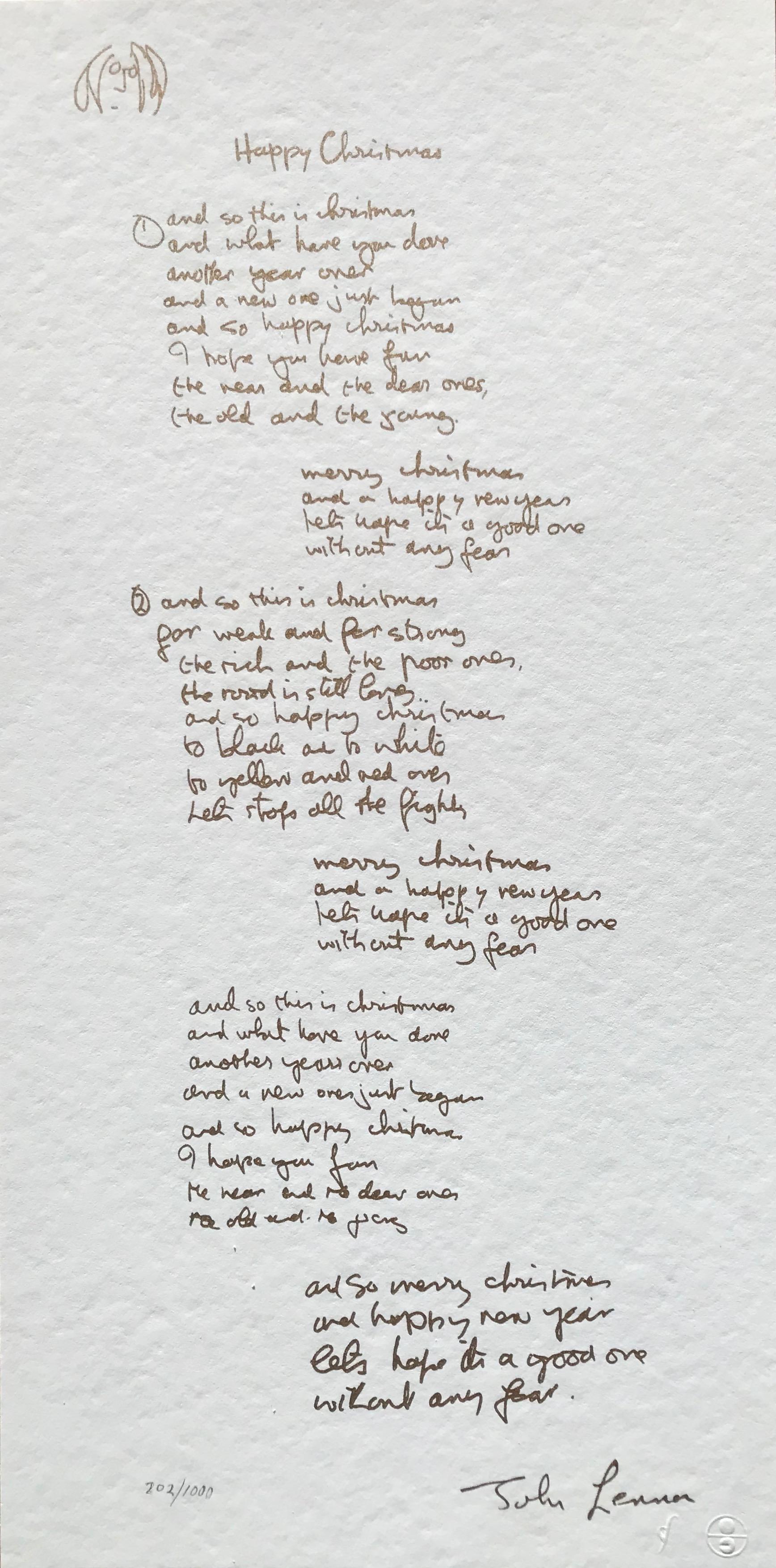 John Lennon Print - "Happy Christmas" Limited Edition Hand Written Lyrics