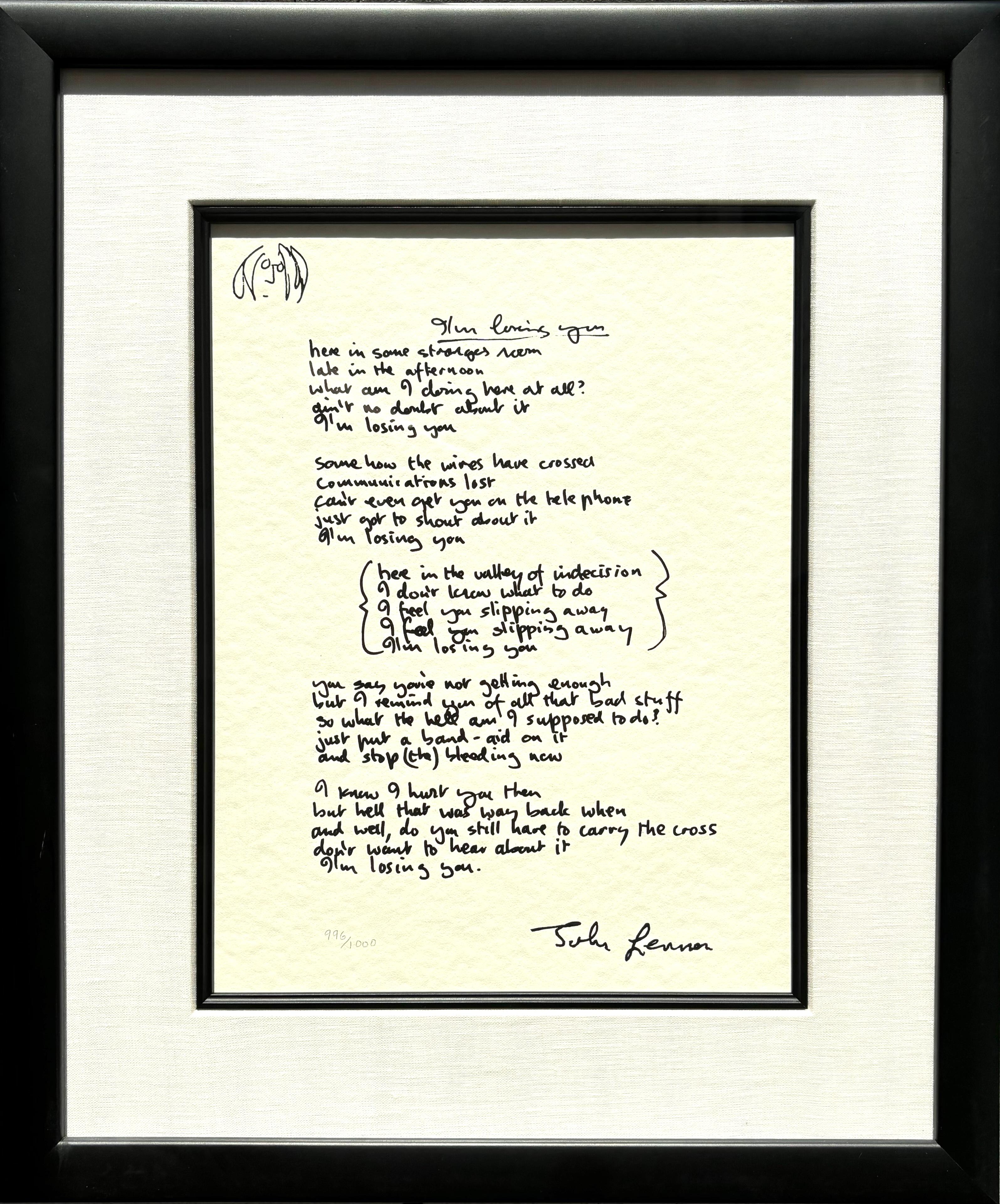 Print de John Lennon - "Te estoy perdiendo" Letra manuscrita enmarcada de edición limitada
