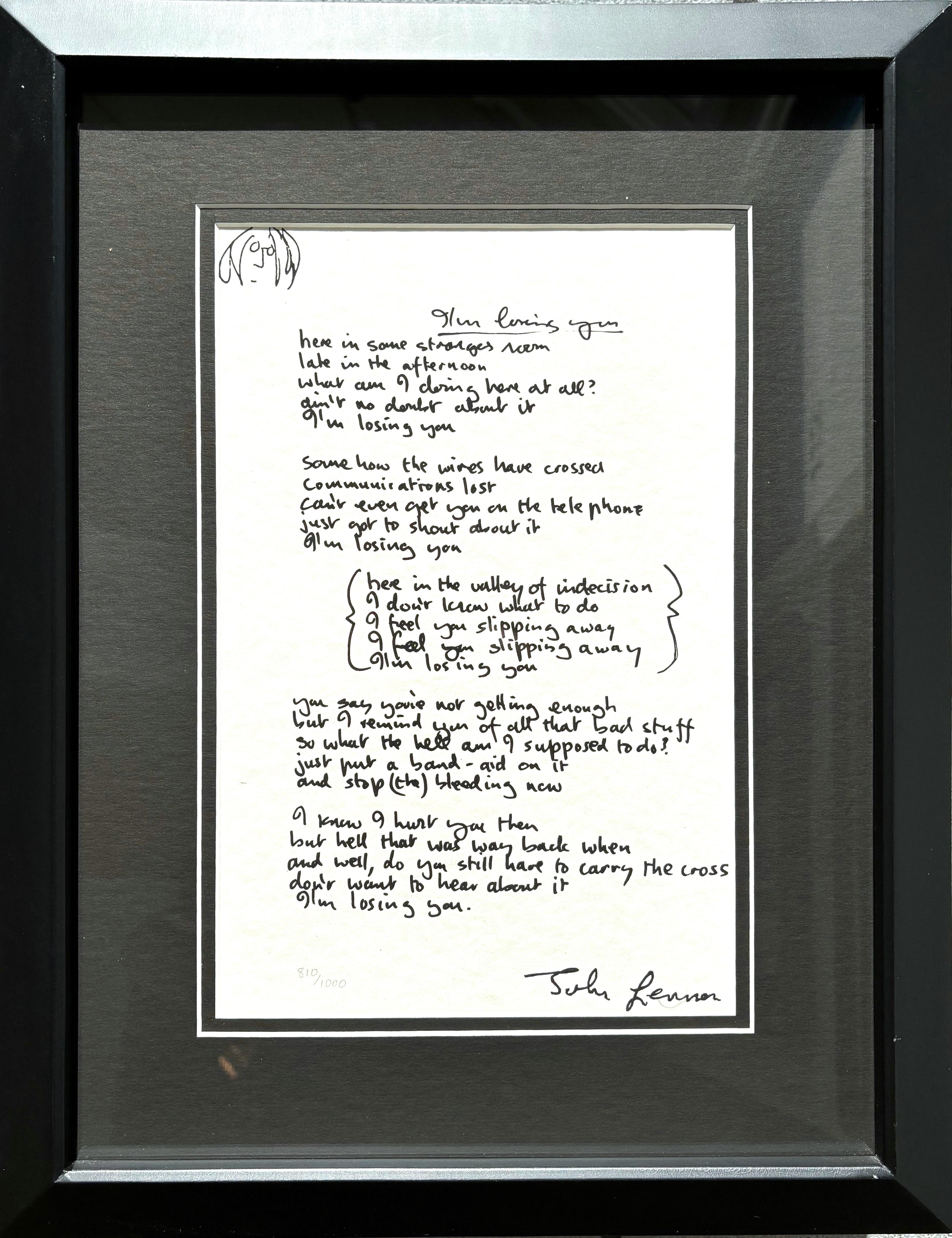"I'm Losing You" Framed Limited Edition Hand Written Lyrics