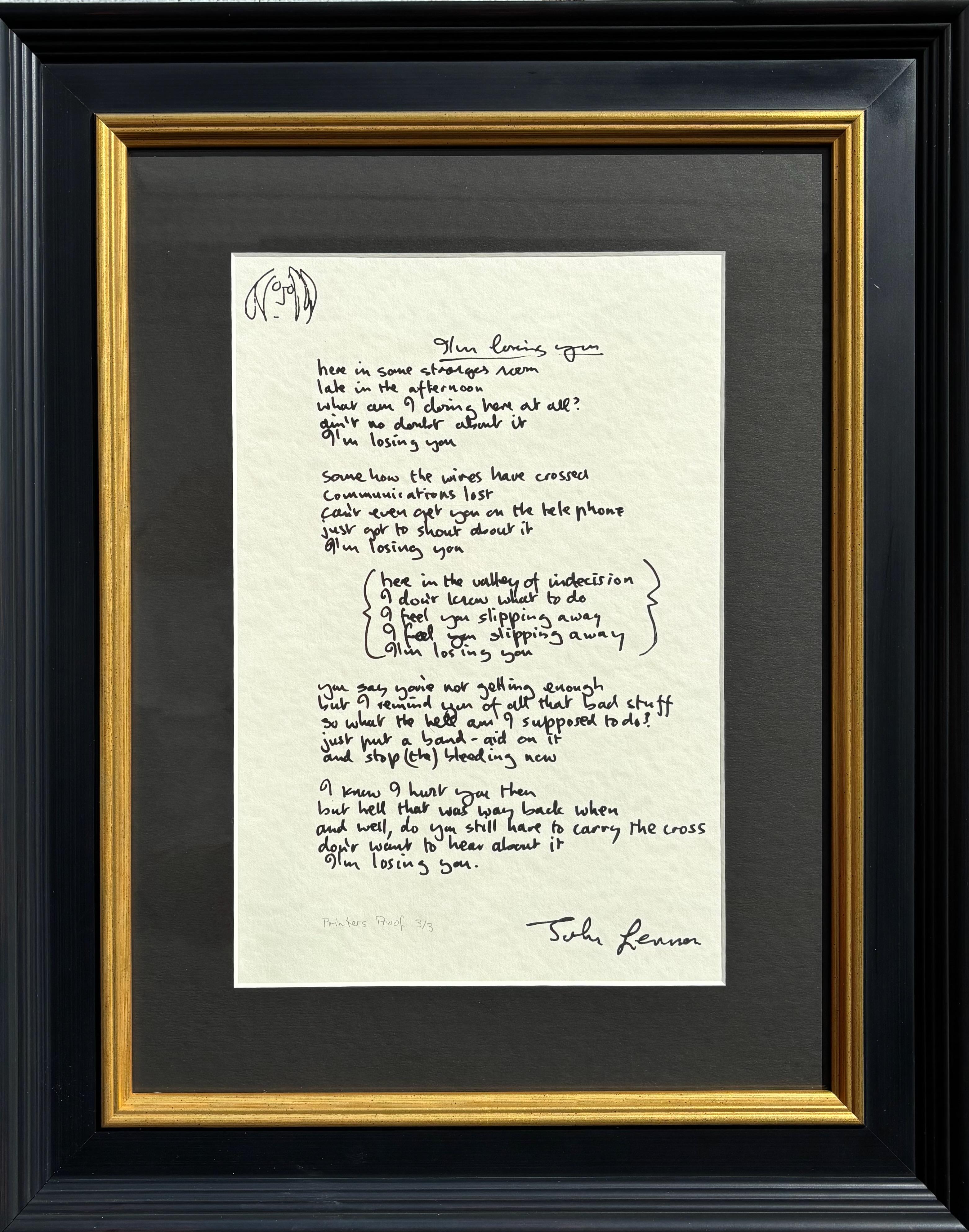 "I'm Losing You" Gerahmte, limitierte Auflage, handgeschriebener Liedtext