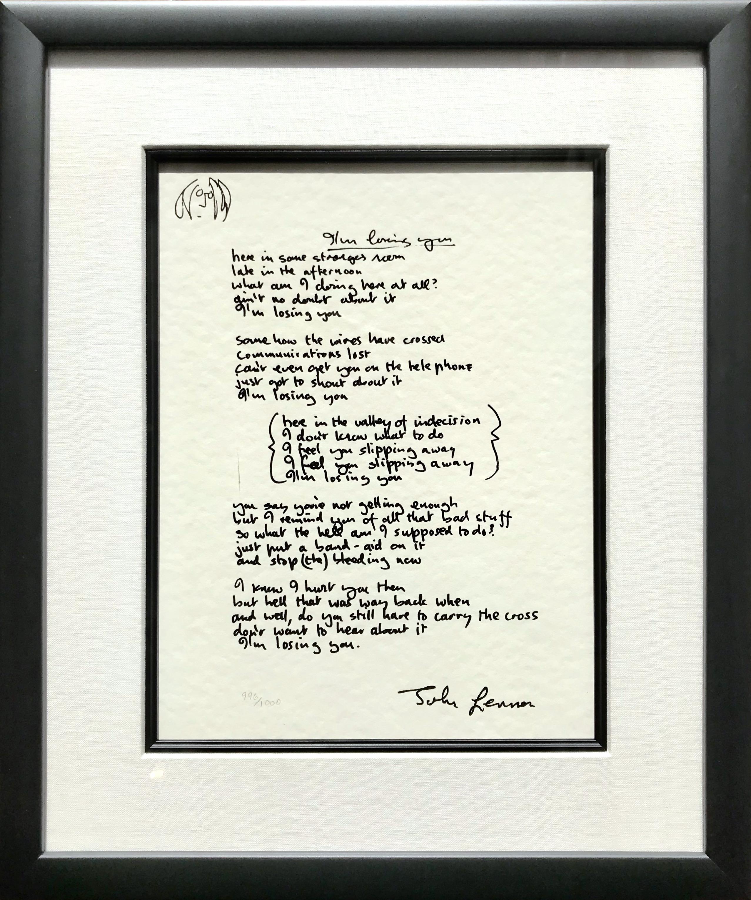 John Lennon Print - "I'm Losing You" Framed Limited Edition Hand Written Lyrics