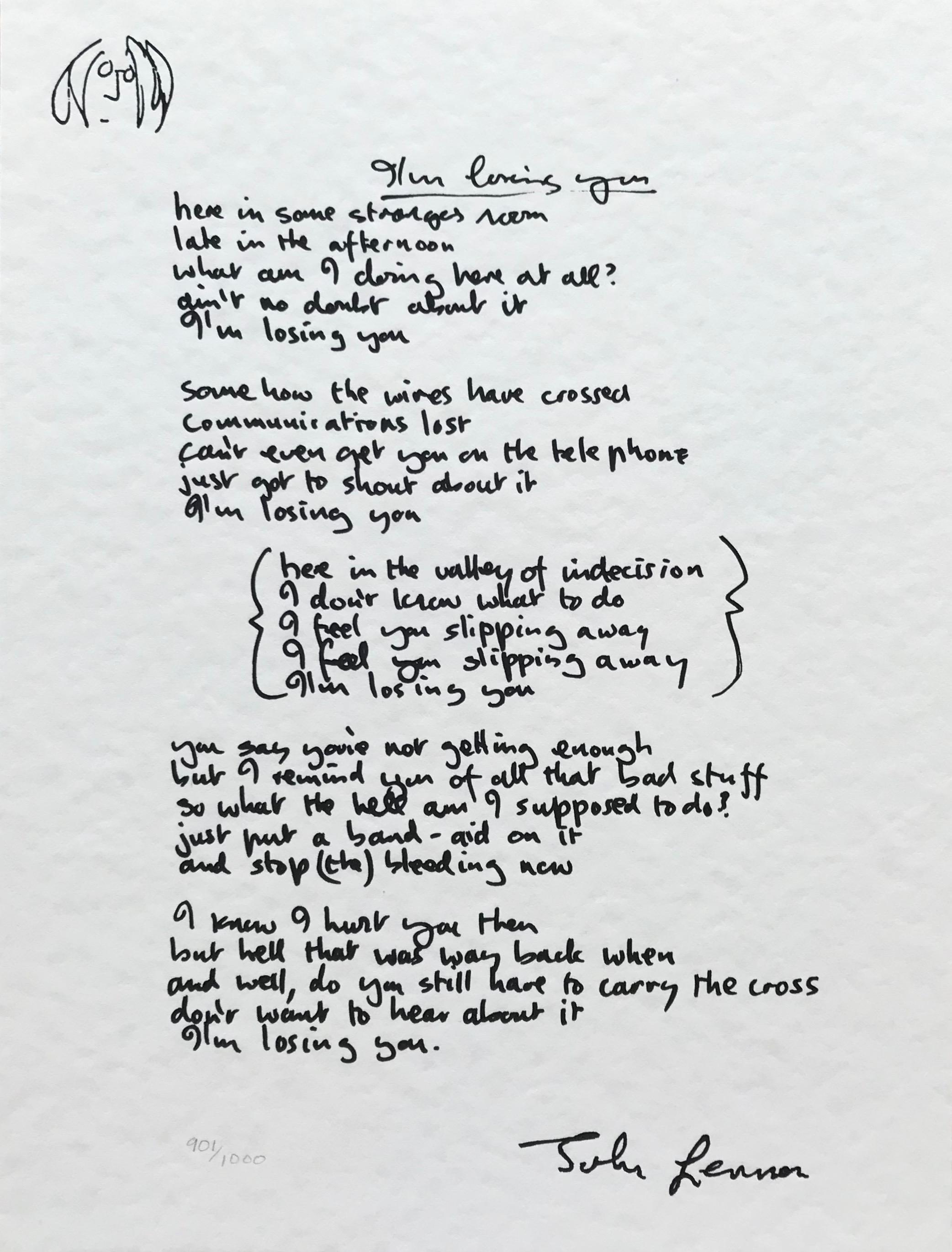 John Lennon Print - "I'm Losing You" Limited Edition Hand Written Lyrics