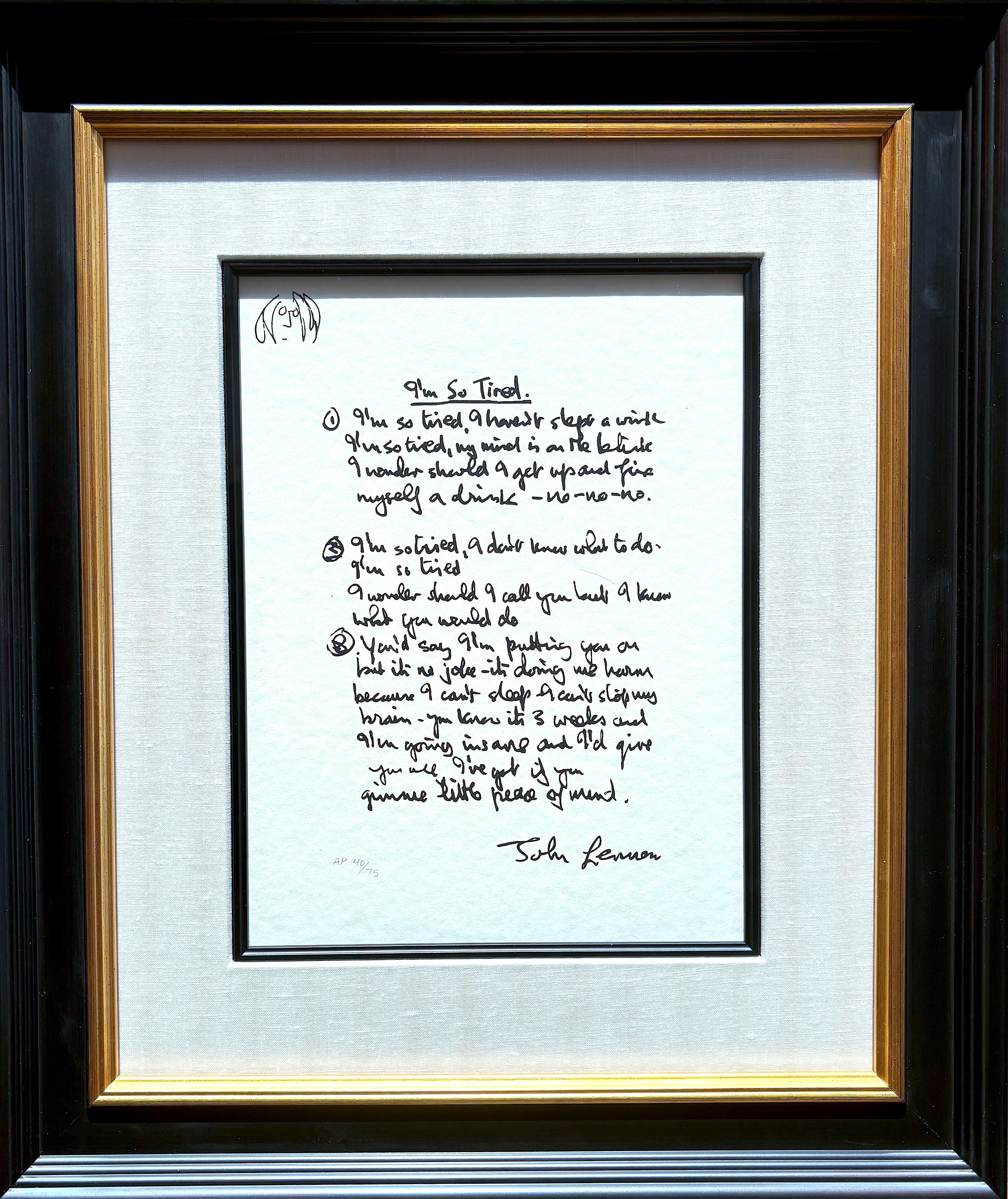 John Lennon Print - "I
m So Tired"  Framed Limited Edition Hand Written Lyrics