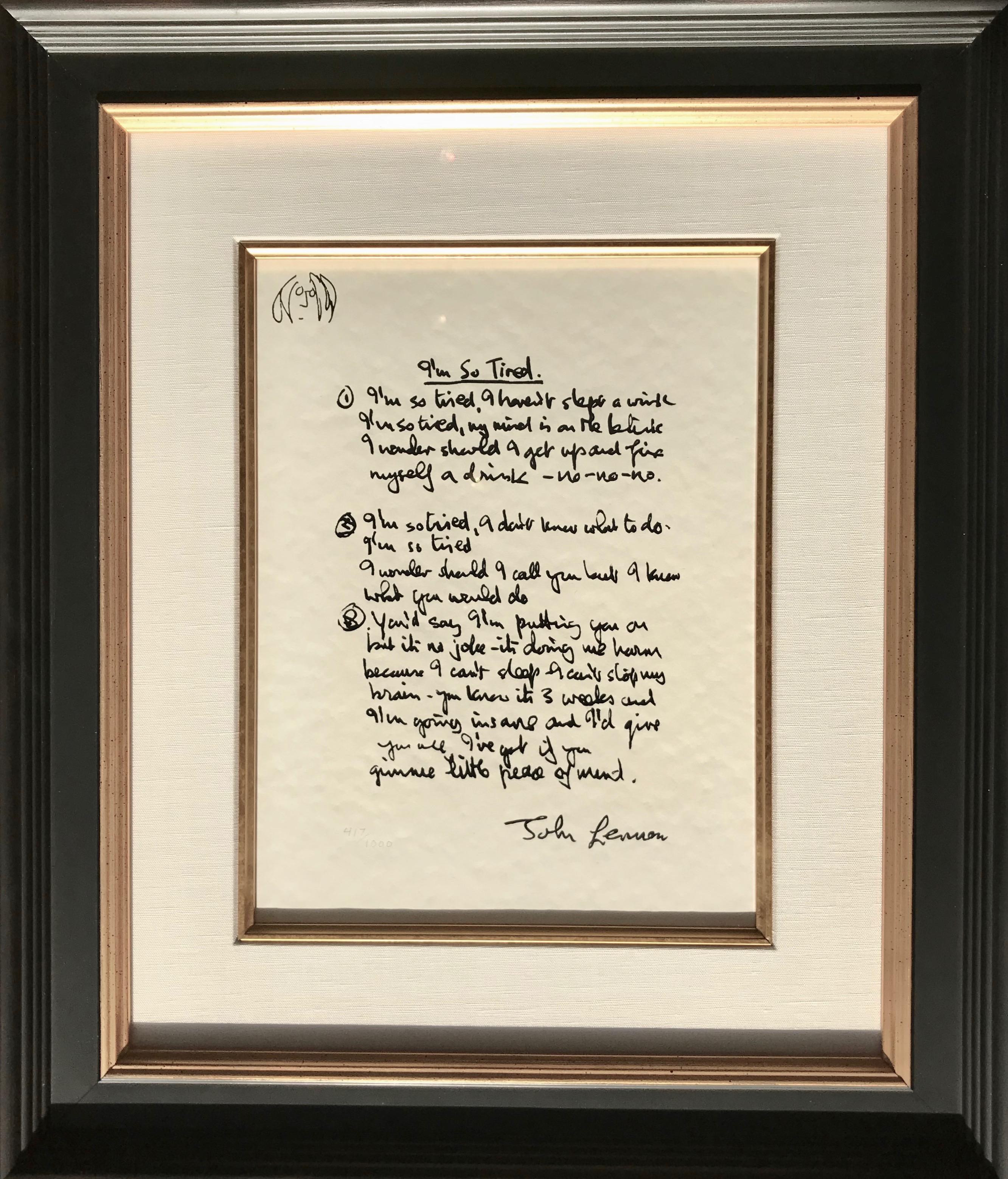 John Lennon Print - "I'm So Tired"  Framed Limited Edition Hand Written Lyrics