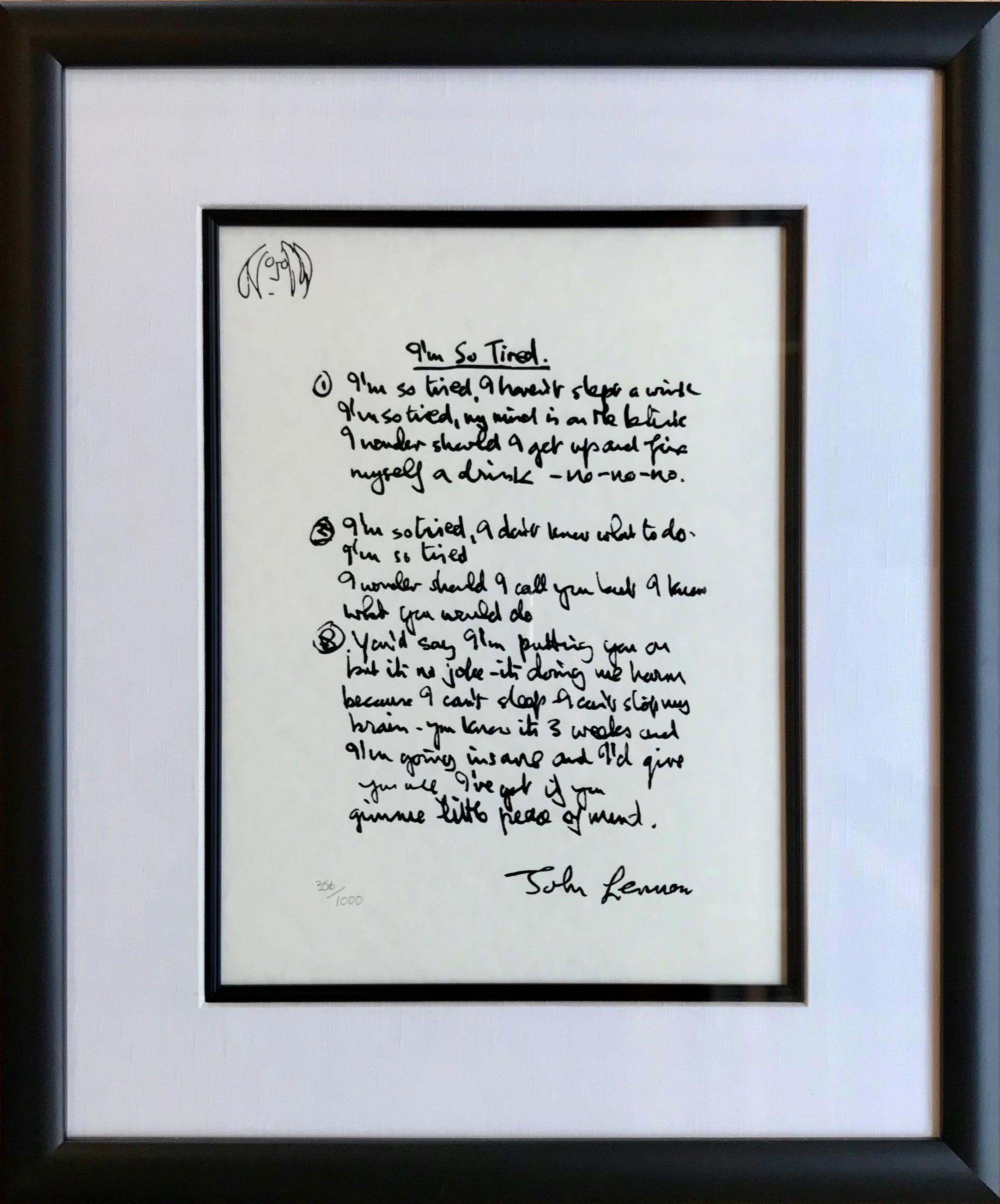 John Lennon Print - "I'm So Tired"  Framed Limited Edition Hand Written Lyrics