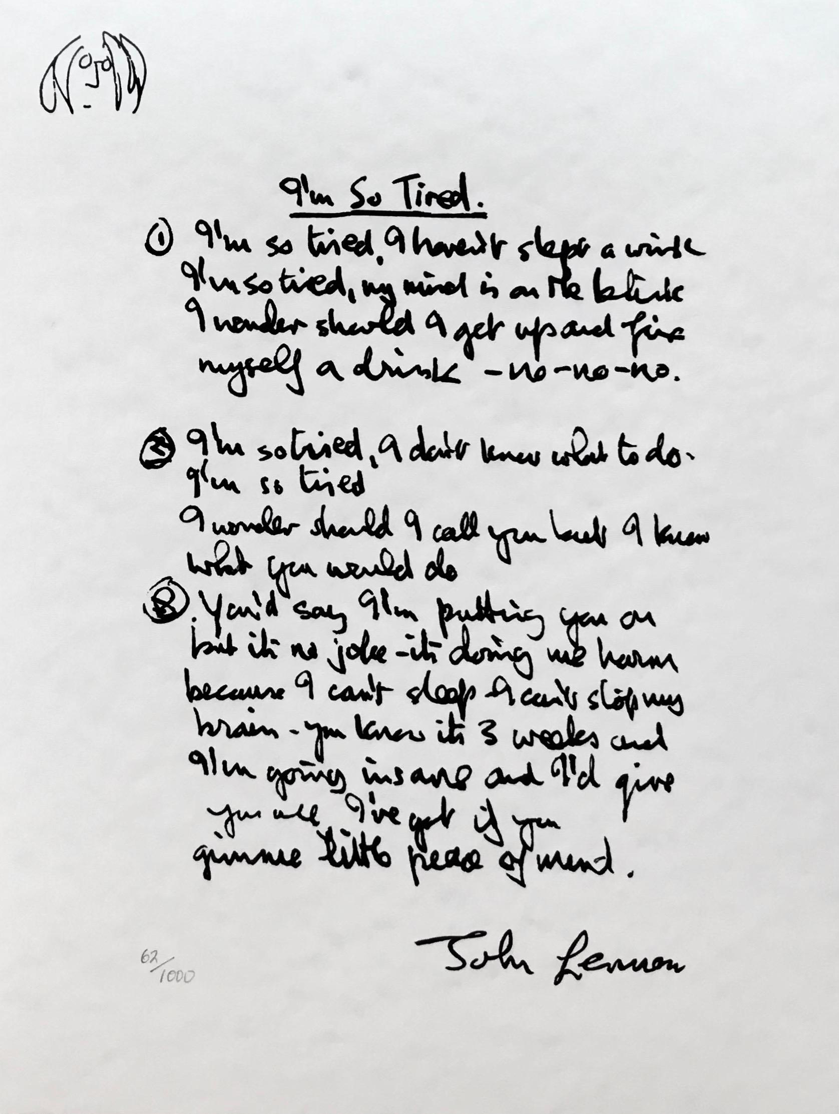 John Lennon Print - "I'm So Tired" Limited Edition Hand Written Lyrics