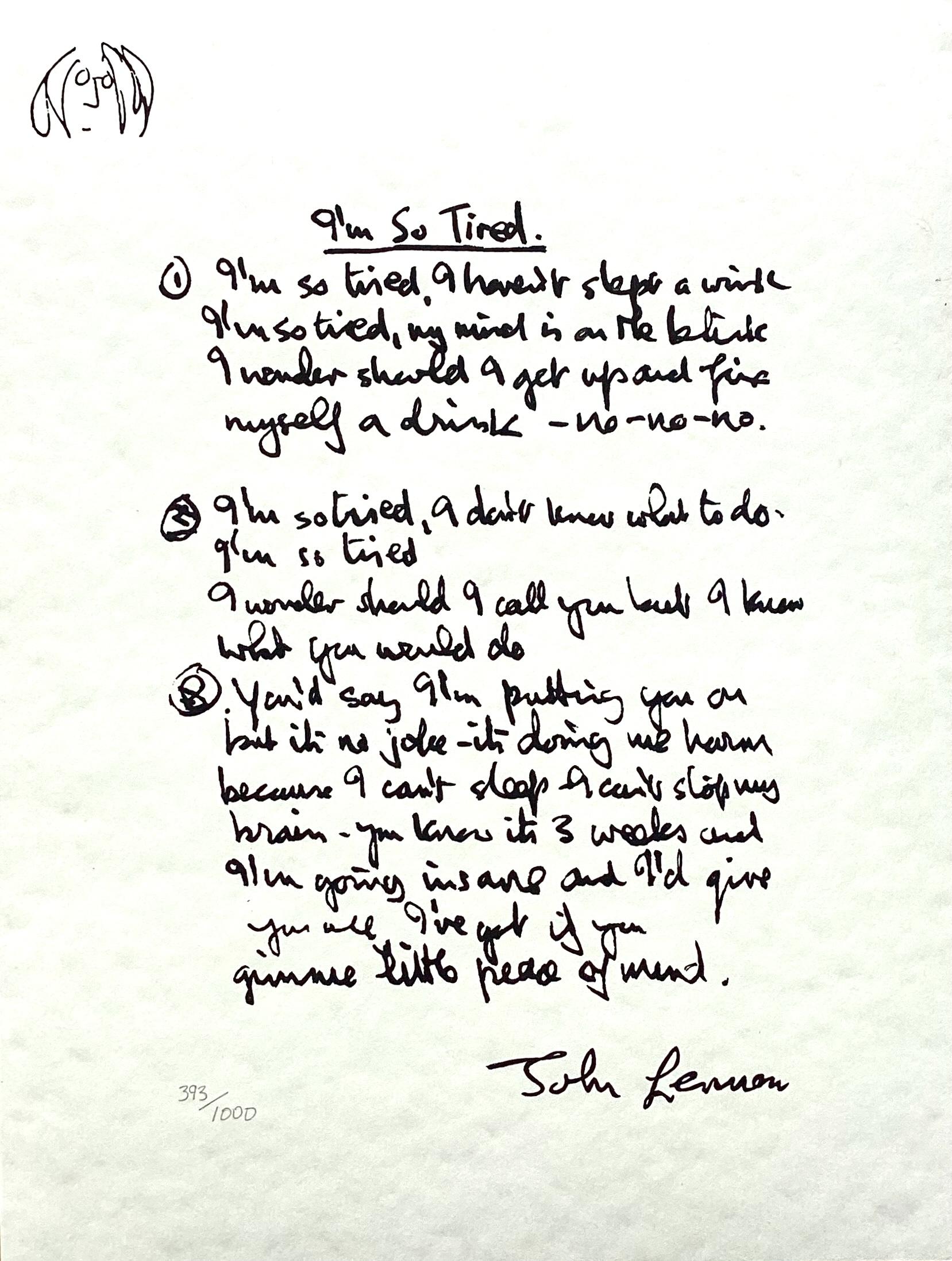 "I'm So Tired" Limited Edition Hand Written Lyrics