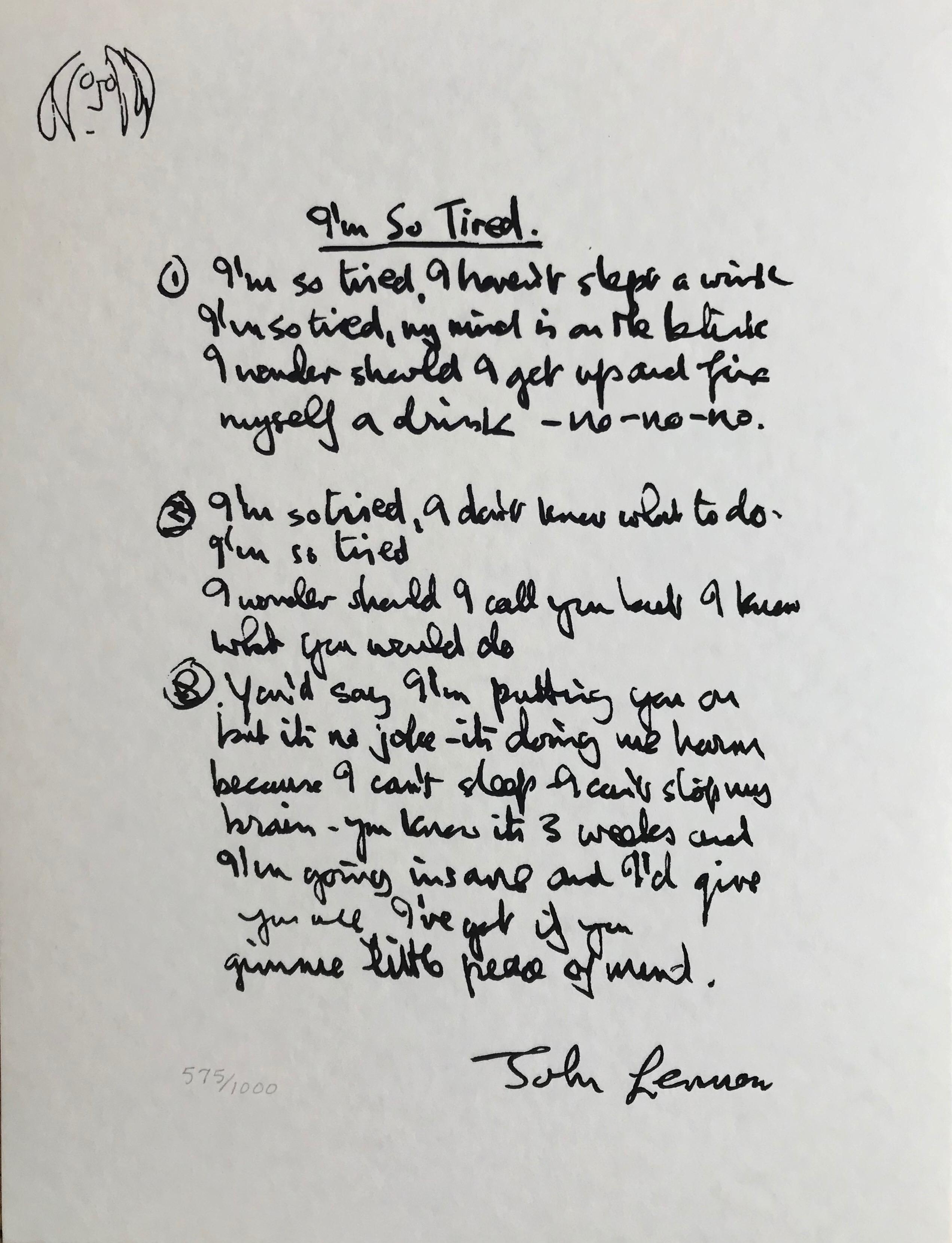 John Lennon Print - "I'm So Tired" Limited Edition Hand Written Lyrics