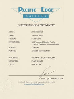 "Imagine" Limited Edition Hand Written Lyrics