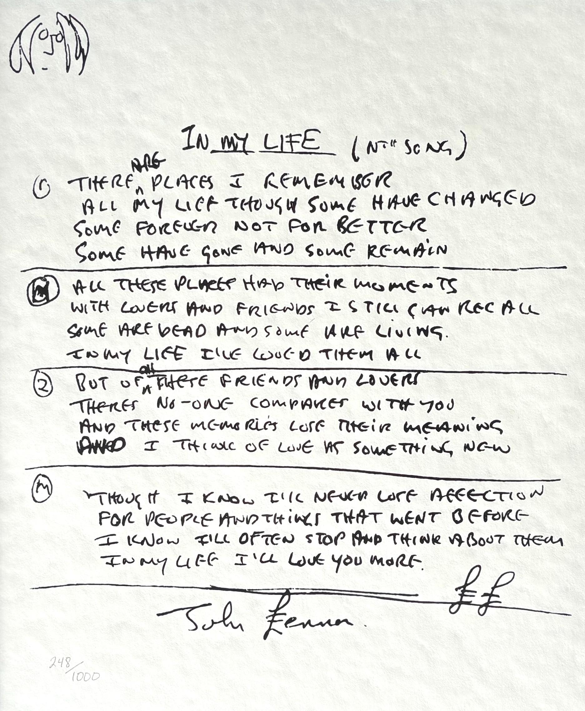  Rare Limited Edition Serigraph of John Lennon's handwritten lyrics for John's most personal song 