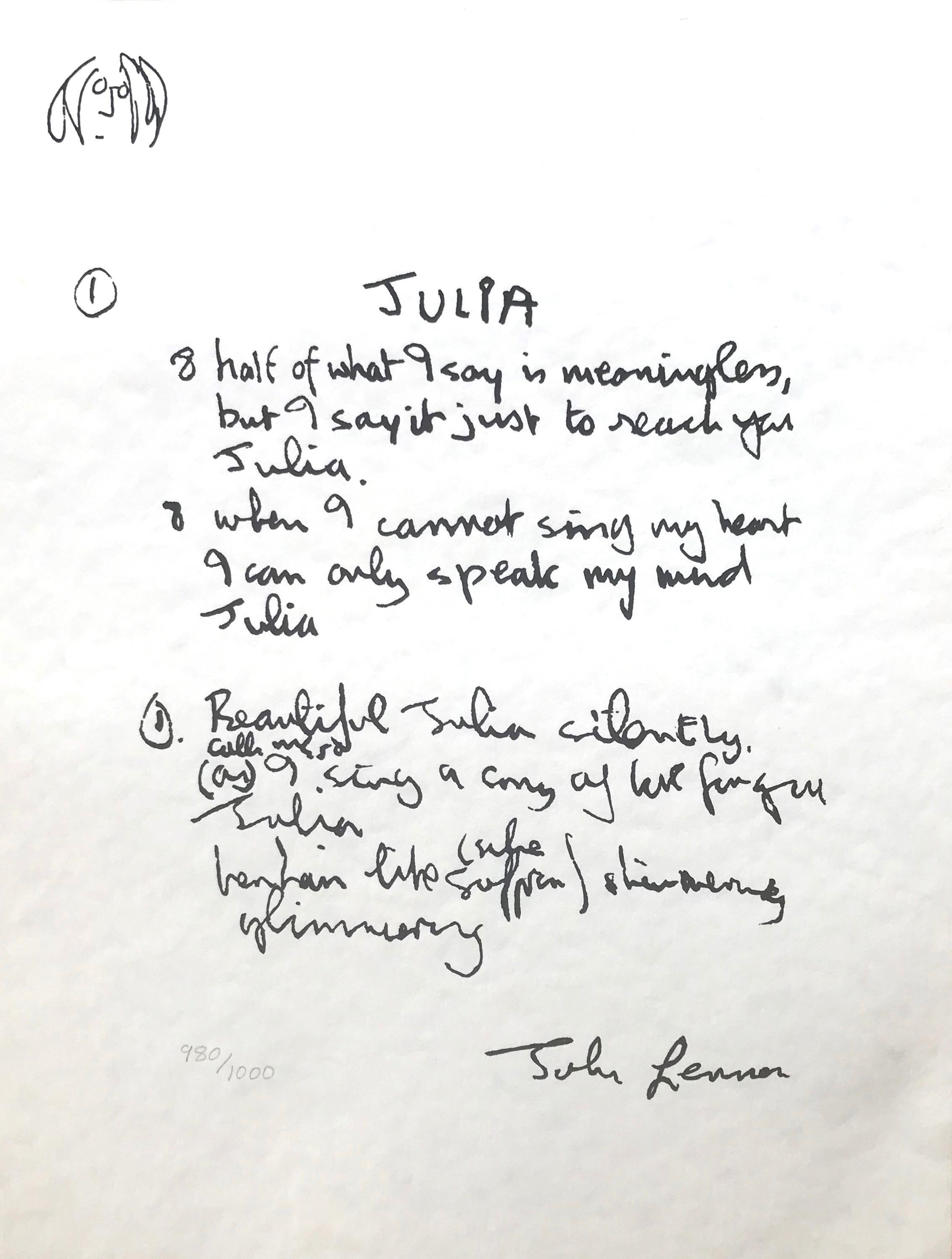 John Lennon Print - "Julia" Limited Edition Hand Written Lyrics