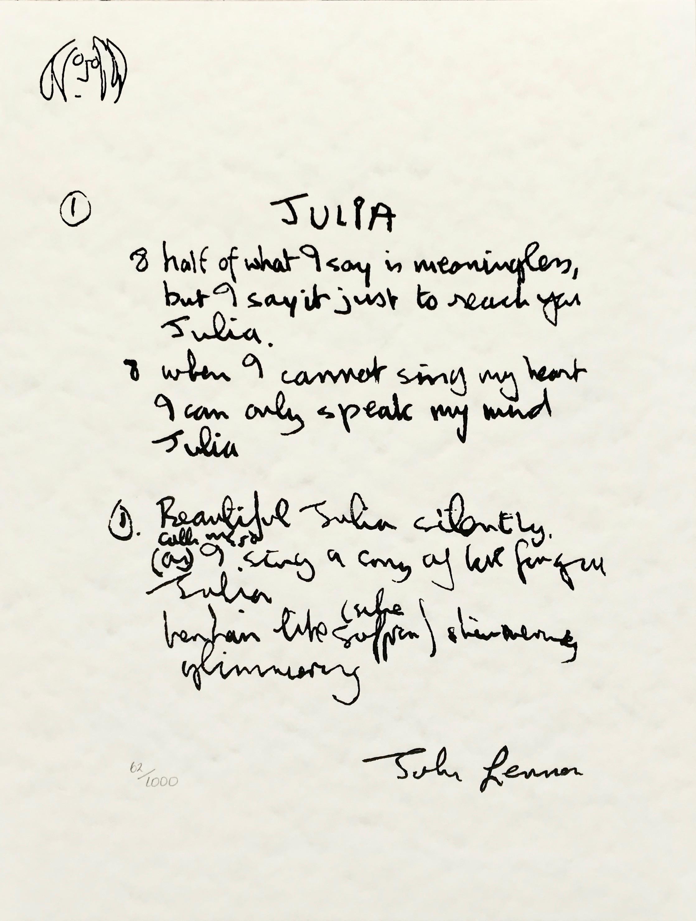 John Lennon - Julia Limited Edition Hand Written Lyrics at 1stDibs  john  lennon handwritten lyrics, lyrics julia the beatles, julia john lennon  lyrics