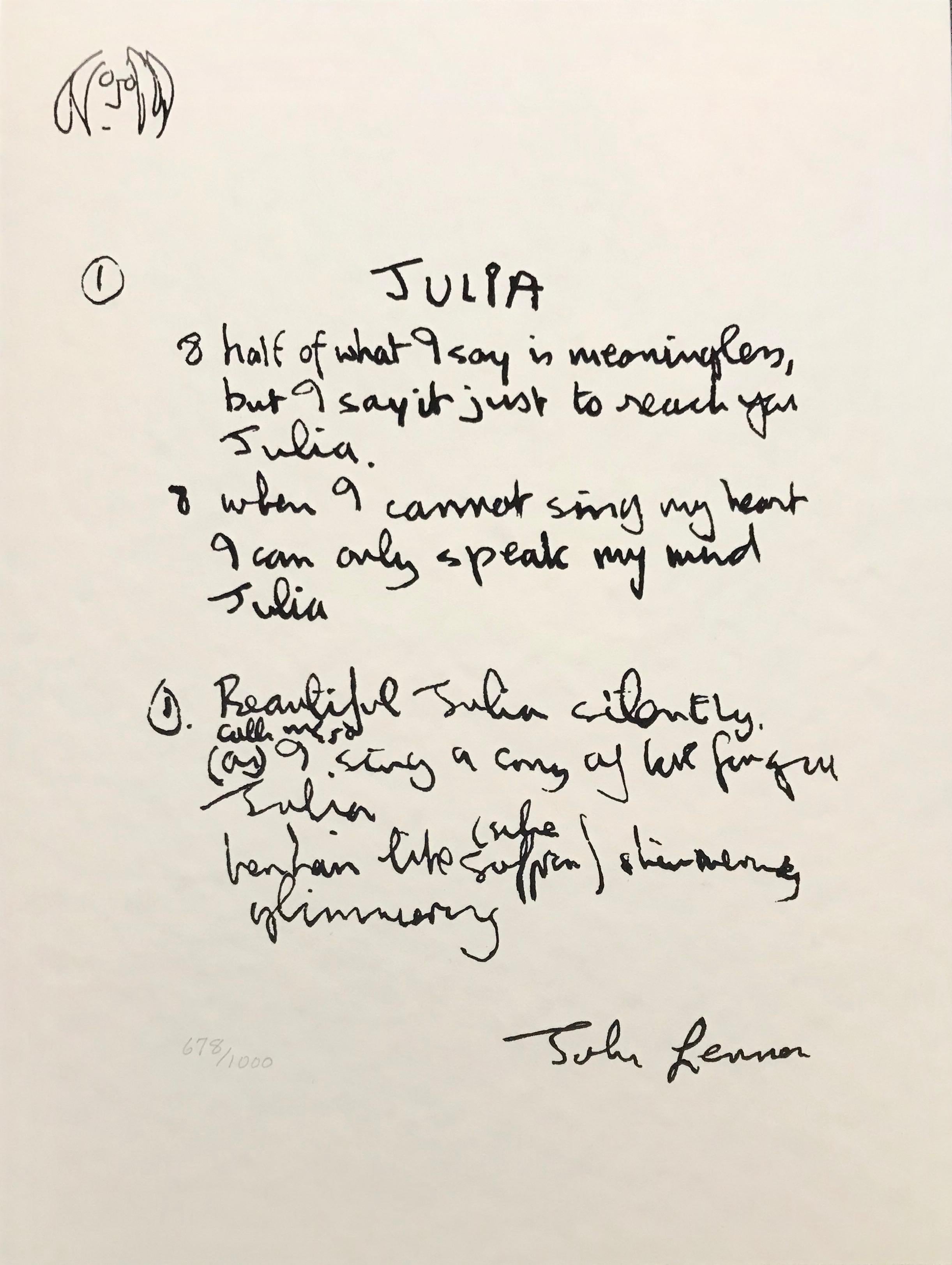 John Lennon Print - "Julia" Limited Edition Hand Written Lyrics