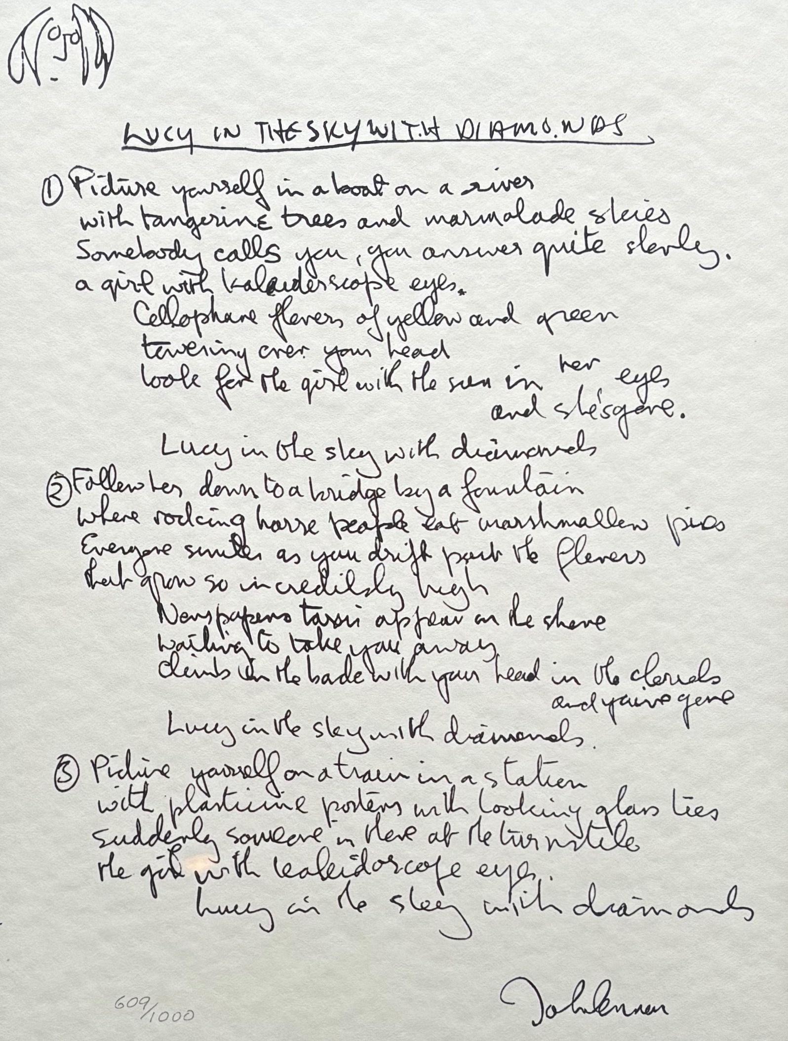 „Lucy In The Sky With Diamonds“ Limitierte Auflage handverlesener Lyrics – Print von John Lennon