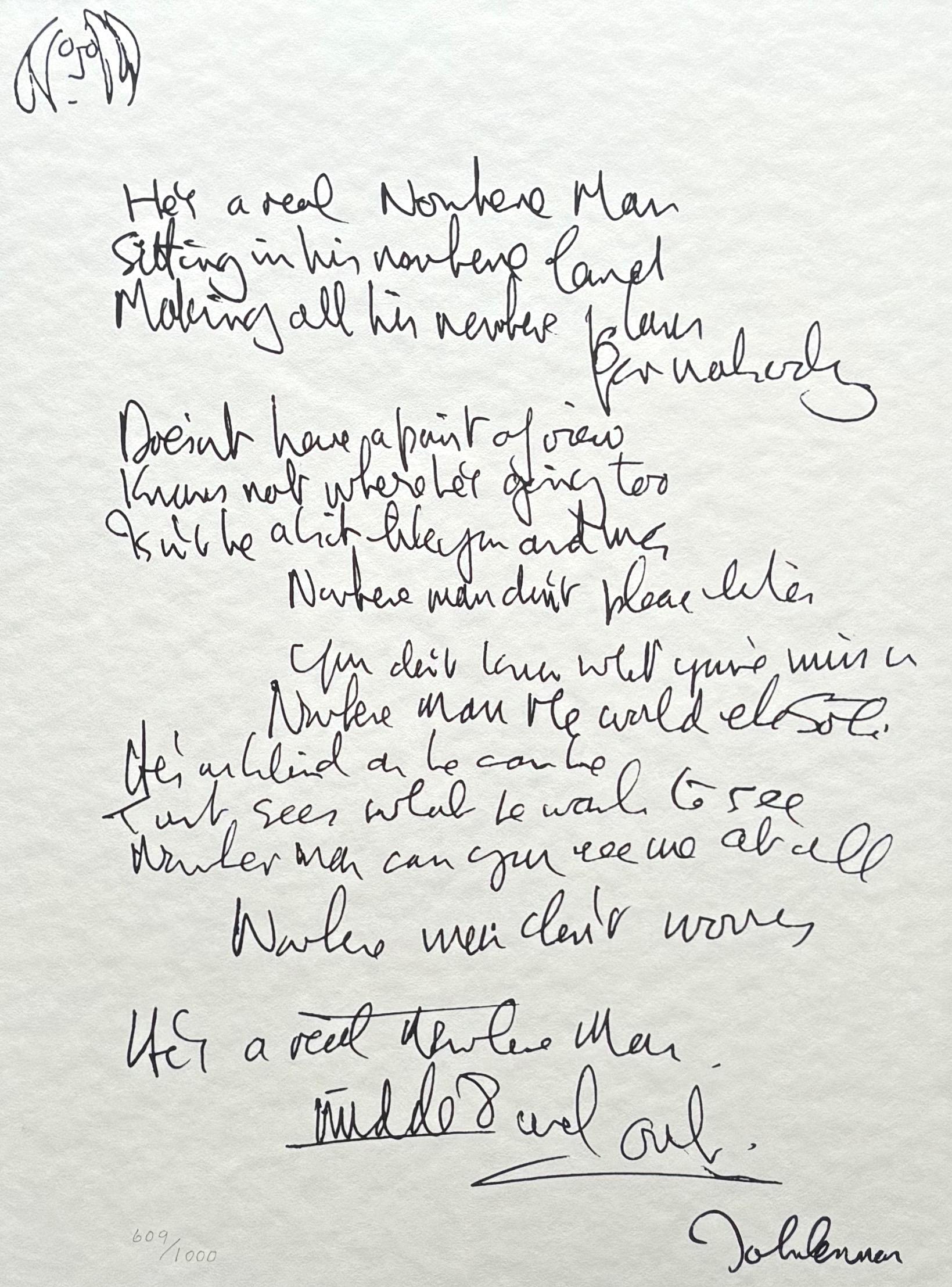 „Nowhere Man“ Limitierte Auflage handverlesener Lyrics – Print von John Lennon